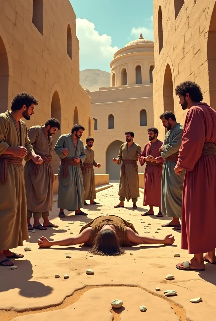 Aerial view of a concrete wall dividing two groups of people praying. On the left side, evangelical women with long hair standing on end, facing the wall. on the right side, strong, bearded Iranian men in just their underwear and an Islamic headdress on their heads kneeling, also facing the wall. The scene is solemn, with nearby groups, showing unity in their respective spaces. The surrounding area is desolate, highlighting the importance of prayer and separation by the wall.