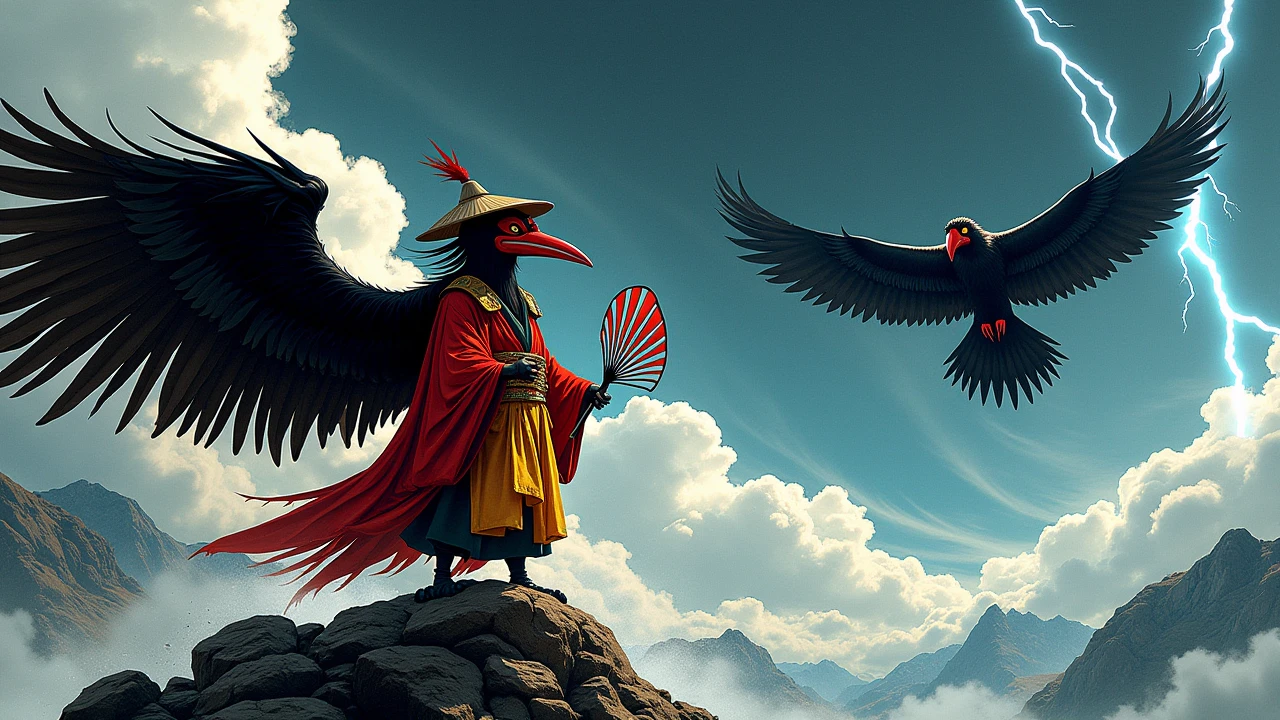 There was a chicken in costume, Onmyoji detailed art, Symmetrical epic fantasy art, illustration concept art, onmyoji, concept art illustration, cgsociety and fenghua zhong, Rosla global lighting, tengu mask, art by Wlop and Greg Rutkowski, High quality digital concept art, concept art design illustration，Humanoid stuff
