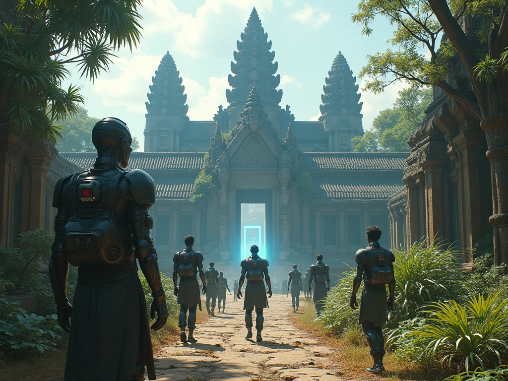 The style is realistic, and Asian archaeologists wearing lightweight and tight combat suits are unraveling historical mysteries in the ancient civilization ruins covered in the jungle. The background is lush vegetation and mysterious buildings, and the camera is panoramic, creating an atmosphere of exploration, (masterpiece, best quality, Professional, perfect composition, very aesthetic, absurdres, ultra-detailed, intricate details:1.3)