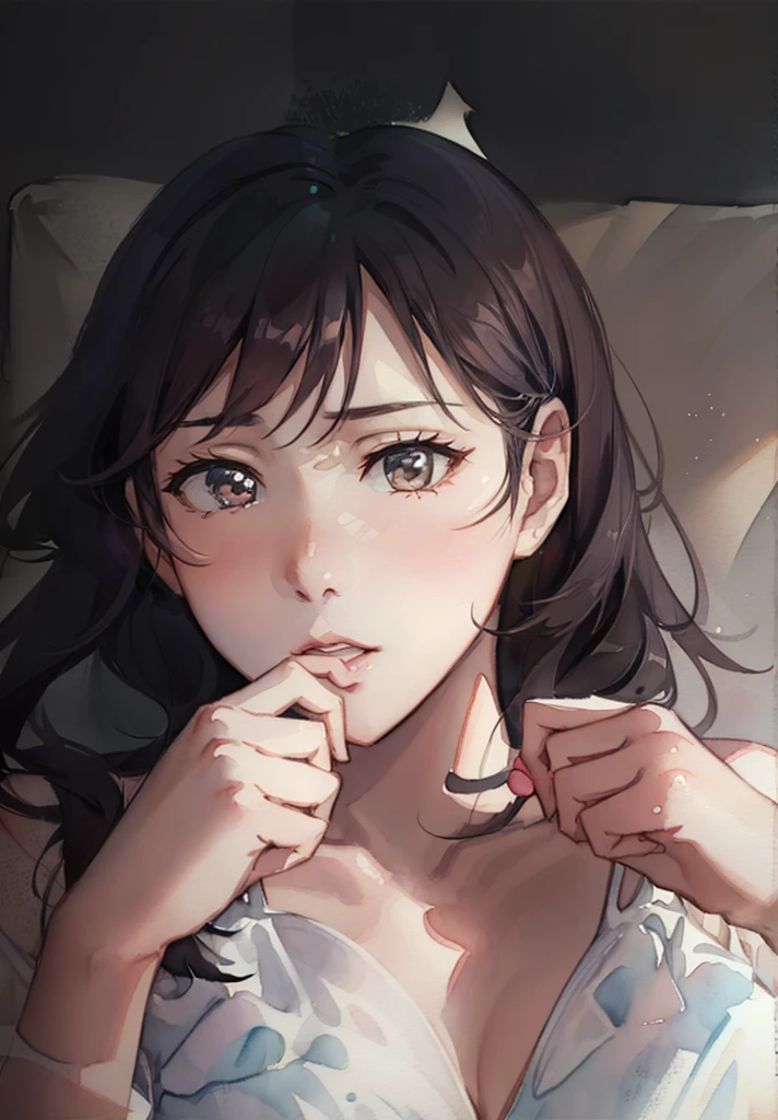 lookin at viewer,Upper Body, hand over own mouth,one eye closed
Realistic, real person, (pale skin: 1.2), RAW photo, photorealistic, shiny skin, shiny hair、
(A 25-year-old woman with medium-length hair and bangs) and (wavy hair) and (brown hair) and (Orange Eyes)
、o3o,
Tank top,The background is the living room at night
