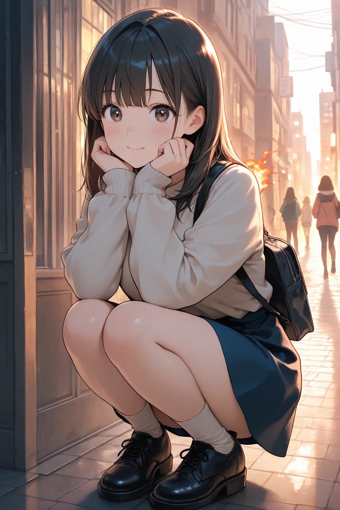 (msfw:1.4), (Realistic, photo Realistic:1.2), ((Highest quality)), Shift the center of gravity backwards, Quite embarrassing, White panties, (Showing panties:1.4),Tight Skirt, (Panty shot:1.3), (Roll up your skirt:1.3), (Squat:1.4), (Spreading pussy:1.2), Place your heels on the ground, Please spread your legs a little, Squat with your knees up, Attach your butt to the ground, Black Penny Loafers, Beautiful facial details, Real human skin, Gentle expression, Front view, angle From below, Realistic, photoRealistic, cute, Short skirt, Squat deep on school grounds, cute school girl, Semi-long hair,Black Hair, Braided hair, Japanese school girl uniform, Sailor suit, whole body, smile, 自然なsmile, cutesmile, 魅惑的なsmile, (Looking at the audience:1.2), from before, From below,