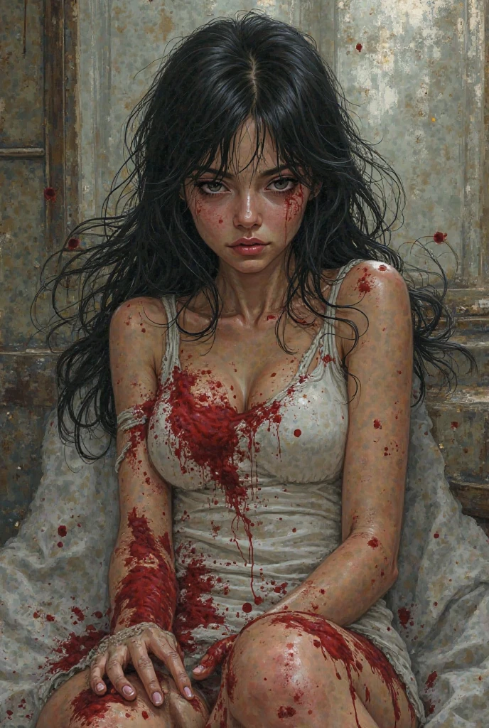 A young woman looking worried and staring into space, with determined expression, holding a blood stained vase, with a dark and gloomy background, atmosphere of fear and horror