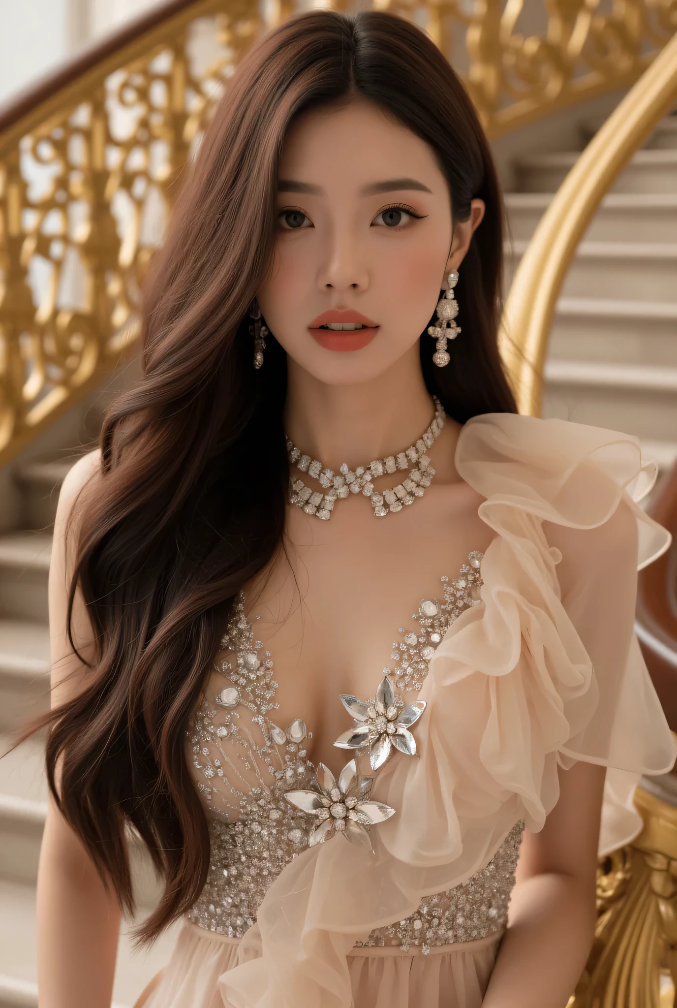 party dress, 1girl, solo, jewelry, dress, necklace, black hair,
 <lora:party_dress-08:0.65>