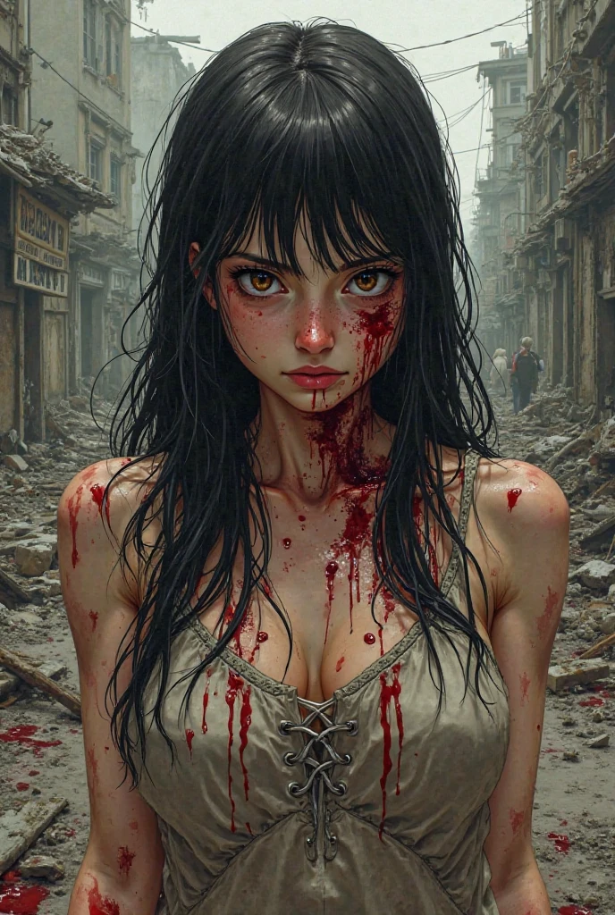 (masterpiece, best quality) SilentHillNurse, Masterpiece in high-resolution 16K UHD high detail, inspired by half "mechanical spider girl", half ((residente evil)) and ("the walking dead"), style, highlighting an atmosphere of terror and macabre horror. | In a rain-drenched, devastated nocturnal "gotan city", a 30-year-old woman, dressed in an all-spider outfit, stands in the center of a chaotic scene. Her are encased in a tight and torn outfit, soiled with mud and blood. With short red-glitter-hair, voluminous bangs, and two pigtails, she stares directly at the viewer. Her yellow eyes convey innocence, while a large malevolent smile dominates her face. The surroundings are eerie, with destroyed city structures, rusty machines, hyper beast altars, and the threatening presence of spiders, dragons, and monsters. | The composition highlights the woman as the central element of the scene, with the camera positioned to accentuate her impactful presence. Sinister lighting emphasizes macabre details, creating a terrifying atmosphere. | Scene of a beast nurse in a destroyed nocturnal hospital, surrounded by demons and zombies. | {The camera is positioned very close to her, revealing her entire body as she adopts a hero_pose, interacting with and leaning on a structure in the scene in an exciting way} | ((perfect_pose)), She is adopting a ((Hero_pose as interacts, boldly leaning on a structure, leaning back in an exciting way):1.3), ((full body)), (perfect_fingers:1.0), (perfect_legs:1.0), better_hands, More_Detail