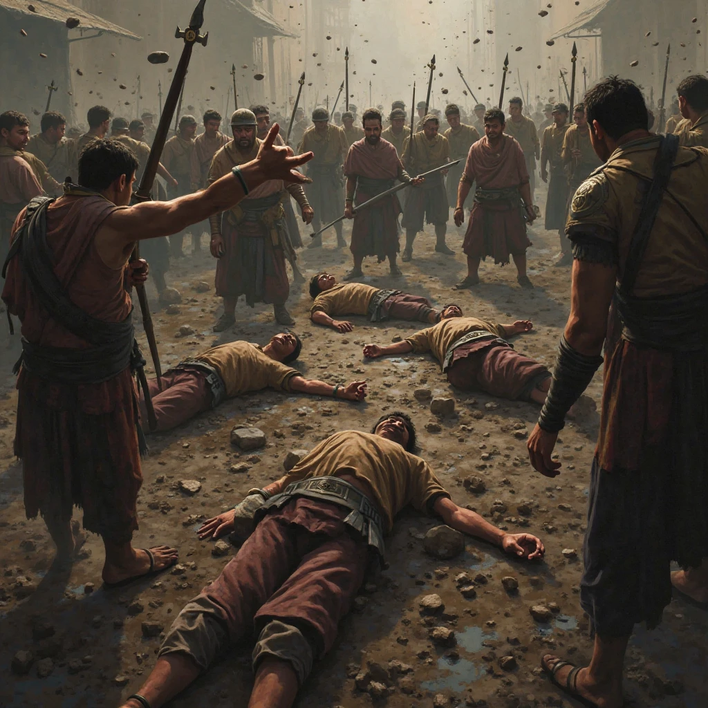 "A detailed image of Crassus lying lifeless on the ground, with traces of molten gold around his mouth. The Parthians stand around, showing a mix of disdain and triumph. The scene captures the end of Crassus's tragic fate."
Size: "1024x1024"