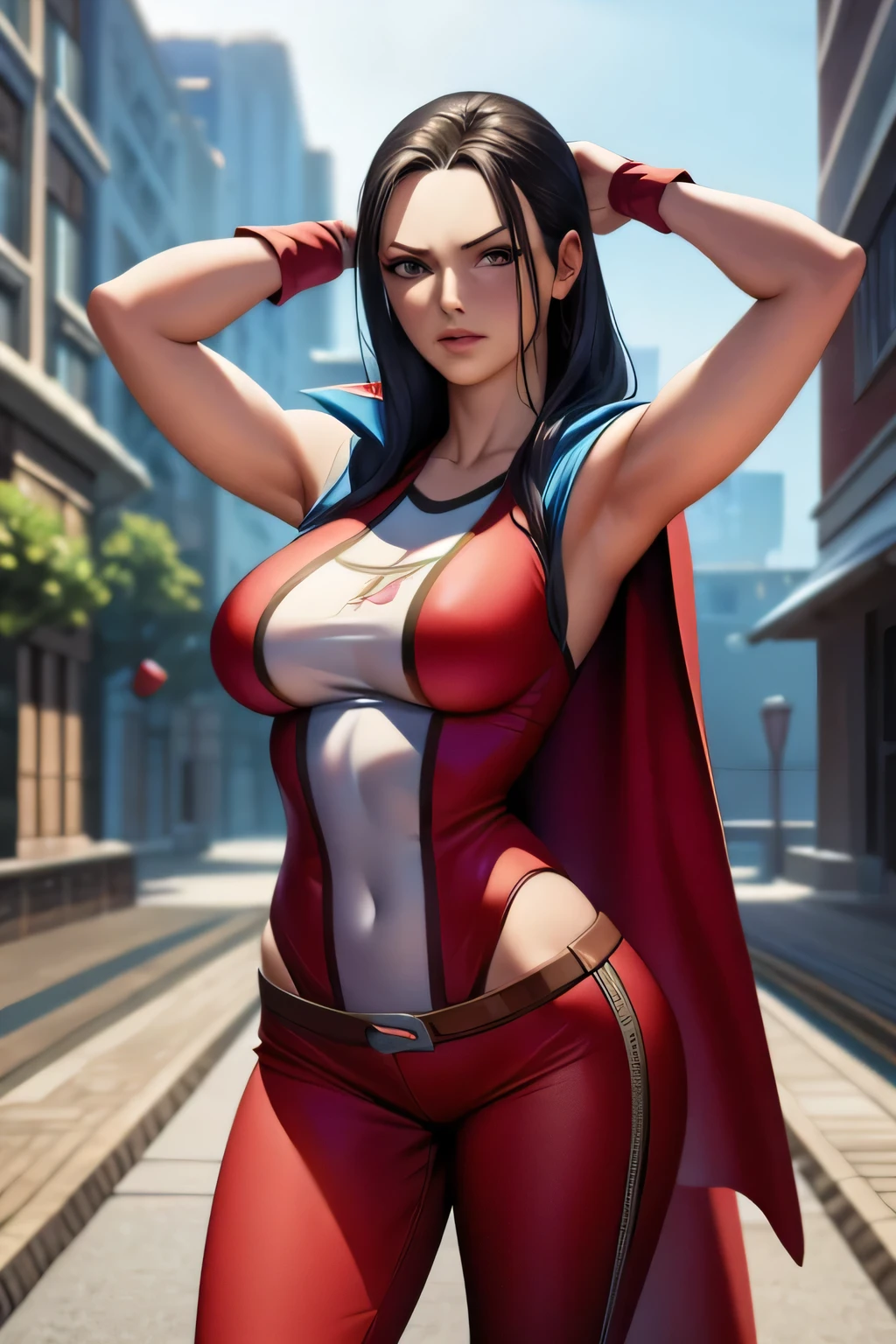 Masterpiece, stunning realistic, best quality,nico robin as a female superhero, wearing sleeveless superhero costume, long pants superhero costume, and a cape, in the middle of a city