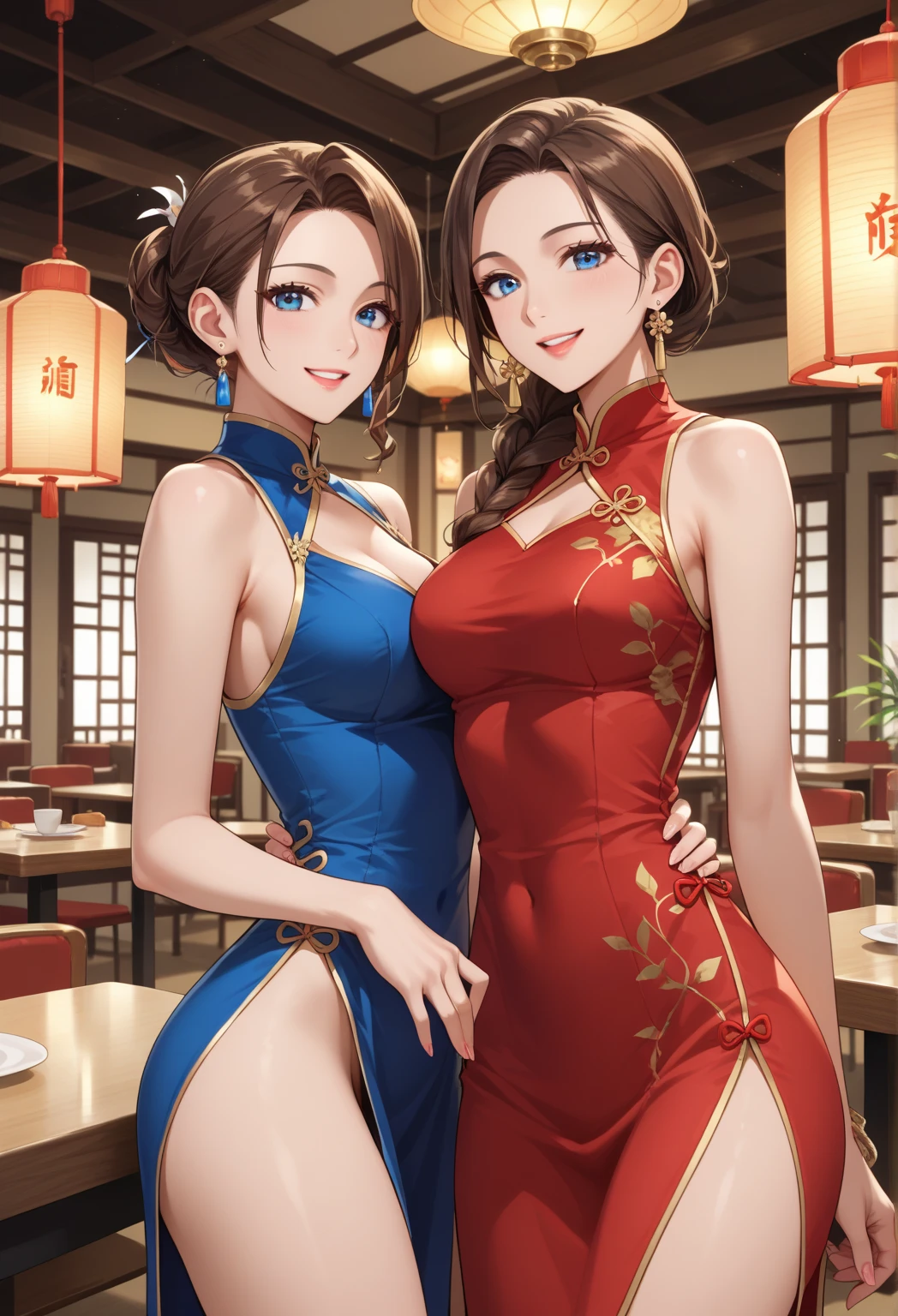 (masterpiece,Highest quality,Ultra-high resolution),Japanese women, (((Two very beautiful people))), cute、Look at the photographer、 ((Beautiful low ponytail)), とってもcute顔, Glossy Lips, Double eyelids on both eyes,Natural smile、 Natural Makeup, Long eyelashes, Shiny and smooth hair、Center image, Perfect limbs, Perfect ???????,(((China dress)))、((See through)),Wet with sweat,