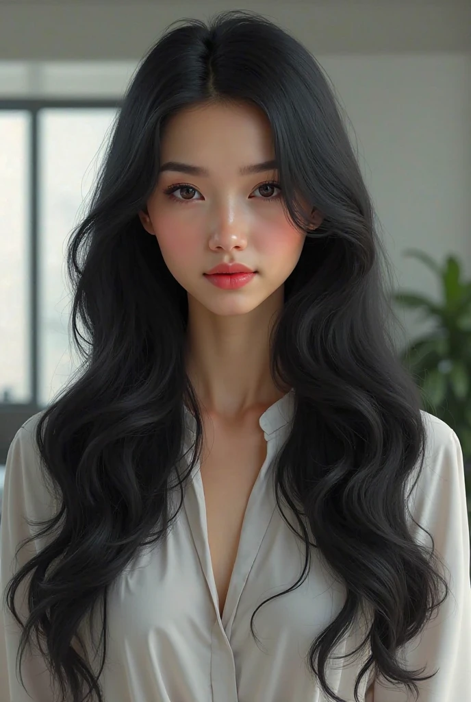 a woman with long black hair wearing a white top, ulzzang, detailed long black hair, black-hair pretty face, long wavy black hair, russian, beautiful black hair, kawaii, barbie in white, wavy black hair, wavy long red-haired  hair, beautiful full face, american cut girl
