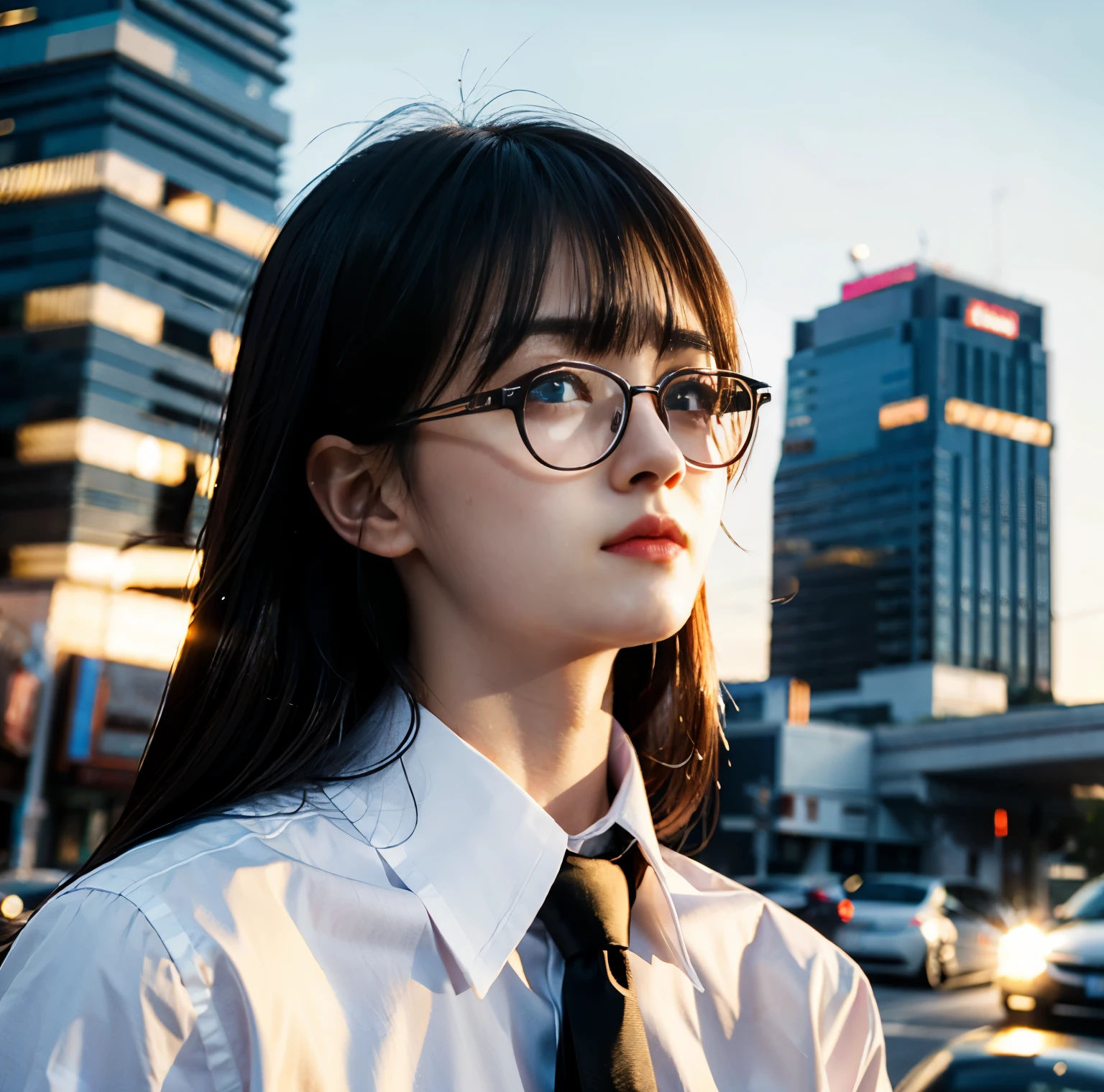8K quality, pictures, Two beautiful men and beautiful women, (Beautiful like a goddess), In the city where the backlight of the intense sunset is dazzling, Above the neck, (collar and red string ribbon tie shirt), (Fine silver glasses:1.2), (Brilliant, beautiful, bright blue eyes:1.2), (Beautiful hair blowing in the wind), (White Porcelain Whitening Skin), has bangs, Big Breasts, Photograph,