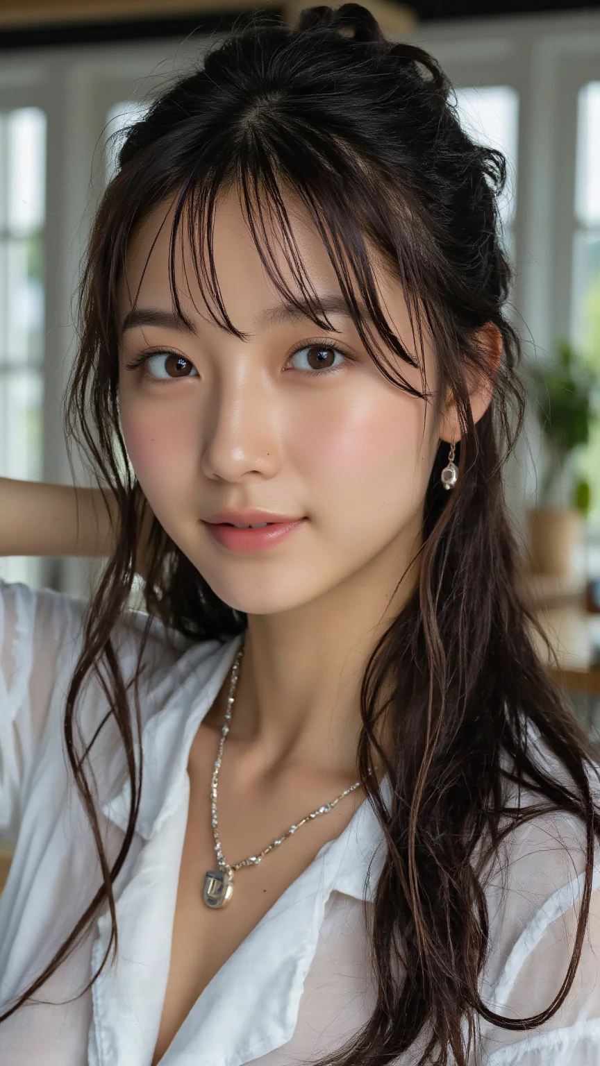 masterpiece、1 beautiful girl、Highest quality, High resolution, (reality: 1.4), Japanese、A Japanese person smiling with beautiful white teeth、Amazingly white, beautiful skin、thin、(Ultra-realistic)、(High resolution)、(8K)、(Very detailed)、(Beautiful attention to detail)、(Very detailedな)、(Detailed eye depiction)、Big eyes、Long eyelashes、Detailed face、Gloss Lip,Bright lighting、Professional Lighting、Standing and facing the camera、Look straight ahead、The whole body is shown、つま先から頭までThe whole body is shown、Long Hair、Black Hair、Curly Hair、Shooting studio scenery、Nogizaka idol、actress、20-year-old、Moist and realistic skin texture、Moist lips、