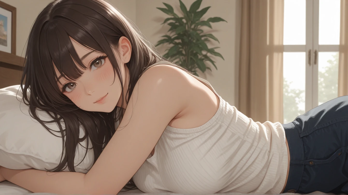 Create a high-quality, detailed image of a beautiful, anime girl and long hair, laying down on her bed asleep in her gaming room. She is wearing a tank top, barely showing her nipples, and panties, highlighting her stunning curves. The warm, inviting scene includes soft ambient lighting, comfortable seating, The setting is illuminated by a small lamp, creating a serene and intimate atmosphere