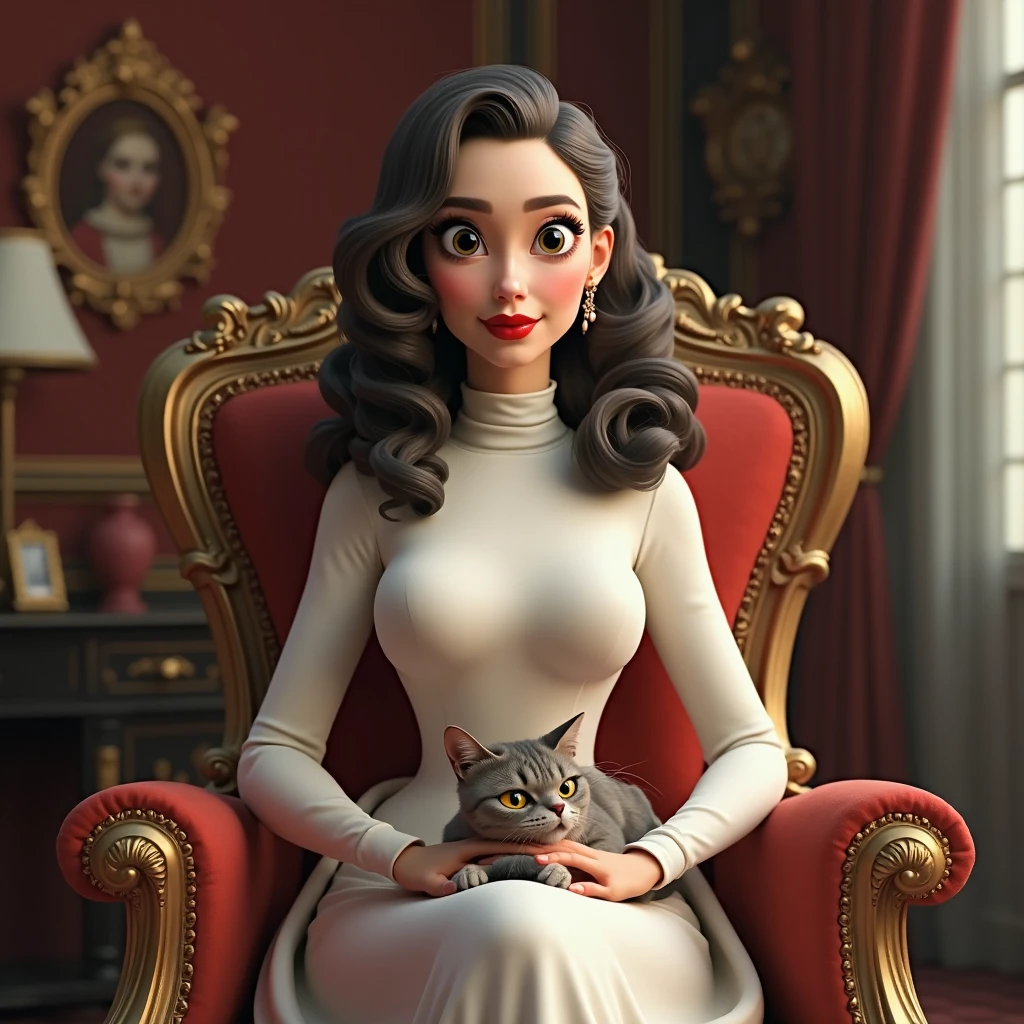 Pretty girl with long curly hair wearing white turtle neck formal dress and red lipstick sitting in the royal chair while cat sitting in her legs. 3D semi animated