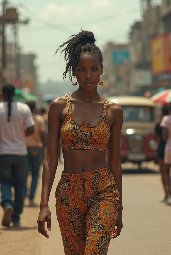 A vibrant artwork portraying an empowered African woman in a contemporary setting, surrounded by expressive graffiti, dynamic city streets, and a mix of cultural symbols, Artwork, mixed media combining acrylics and digital elements to convey the energy of urban life and cultural pride, --ar 16:9 --v 5