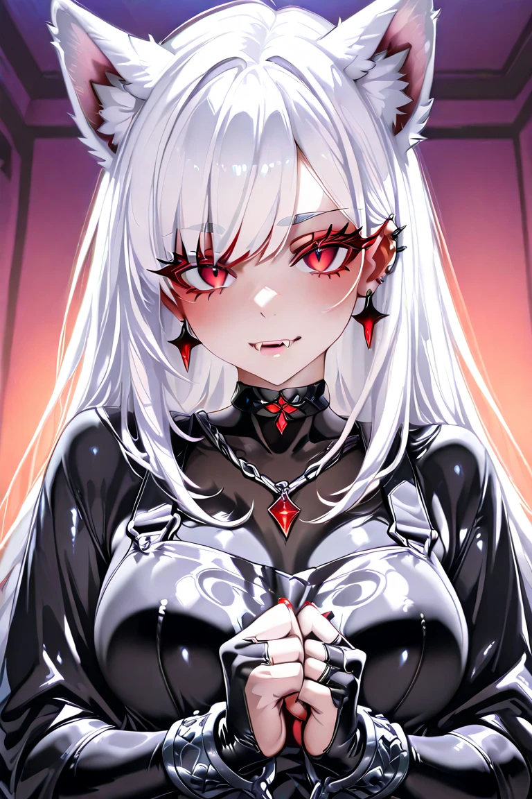 1girl, upper body, modeus(helltaker), white hair, medium hair, black horns, red eyes, symbol-shaped pupils, heart-shaped pupils, black suit, long sleeves, ribbed sweater, turtleneck, embarrassed, blush, open mouth,((all fours))