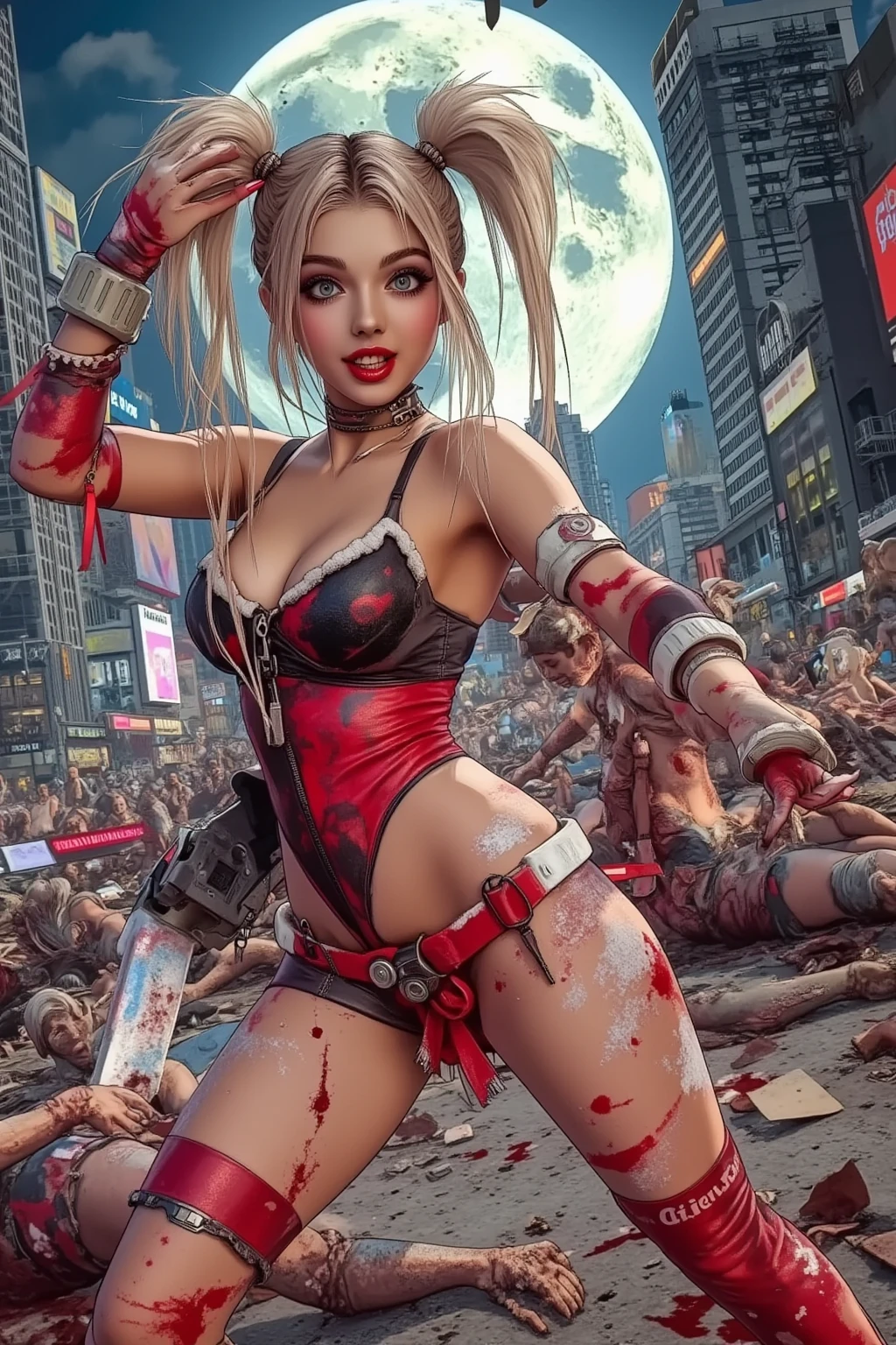 Margot Robbie as Harley Quinn (insane pretty face, tiny themed outfit Harley Quinn makeup on body, blood spatter) is wielding a bloody ball bat. Harley is standing over a confused Saitama who is lying on the ground on his back (iconic yellow suit, blood spatter, red cape, bald head). Downtown Tokyo

