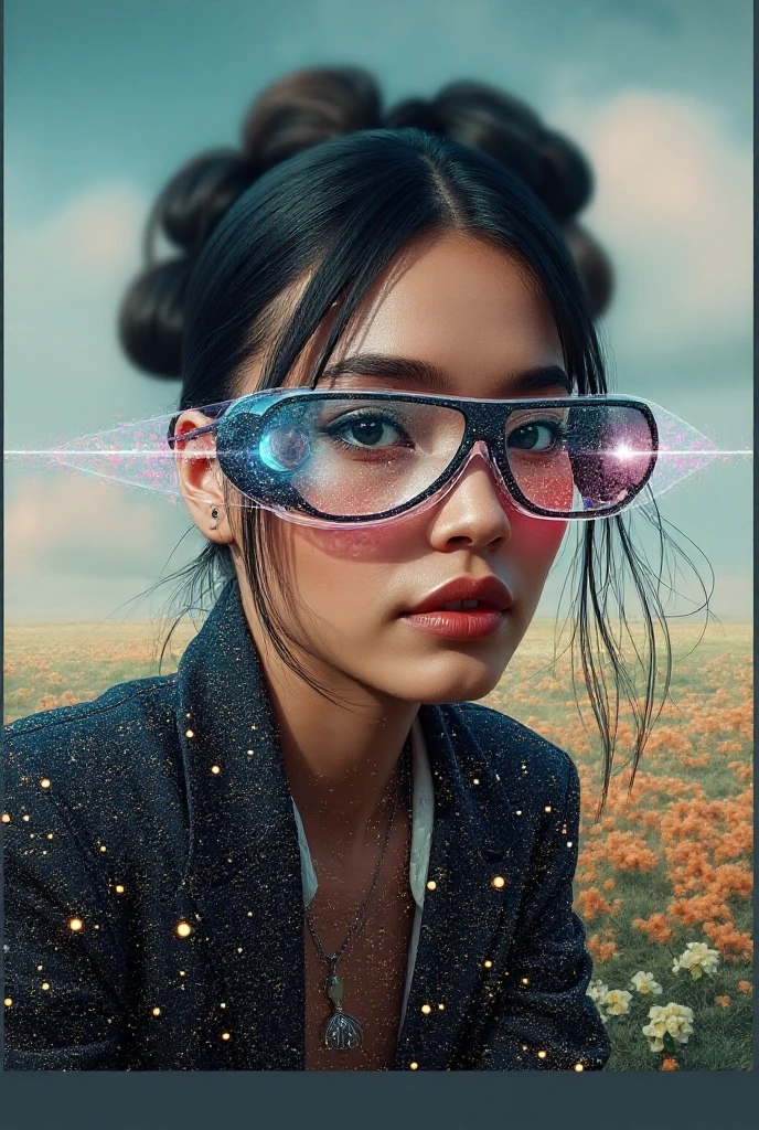 The model is wearing glass sunglasses with stars and the moon on the glass