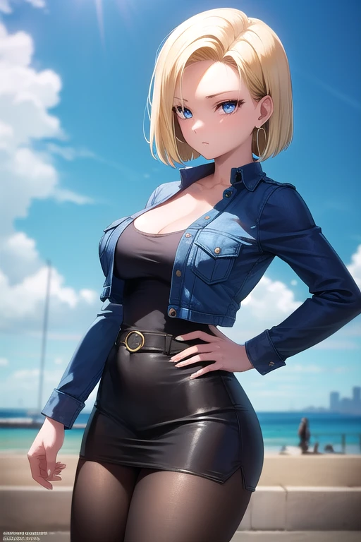 android18, <lora:android18-lora-nochekaiser:1>,
android 18, blonde hair, blue eyes, eyelashes, hoop earrings, short hair, earrings,
BREAK belt, black legwear, black shirt, breast pocket, cleavage, collarbone, denim, denim skirt, high-waist skirt, jewelry, long sleeves, pocket, shirt, shirt tucked in, skirt, striped, striped sleeves, waistcoat,,
BREAK outdoors, city, sky, cloud, sun,
BREAK looking at viewer, (cowboy shot:1.5),
BREAK <lyco:GoodHands-beta2:1>, (masterpiece:1.2), best quality, high resolution, unity 8k wallpaper, (illustration:0.8), (beautiful detailed eyes:1.6), extremely detailed face, perfect lighting, extremely detailed CG, (perfect hands, perfect anatomy),