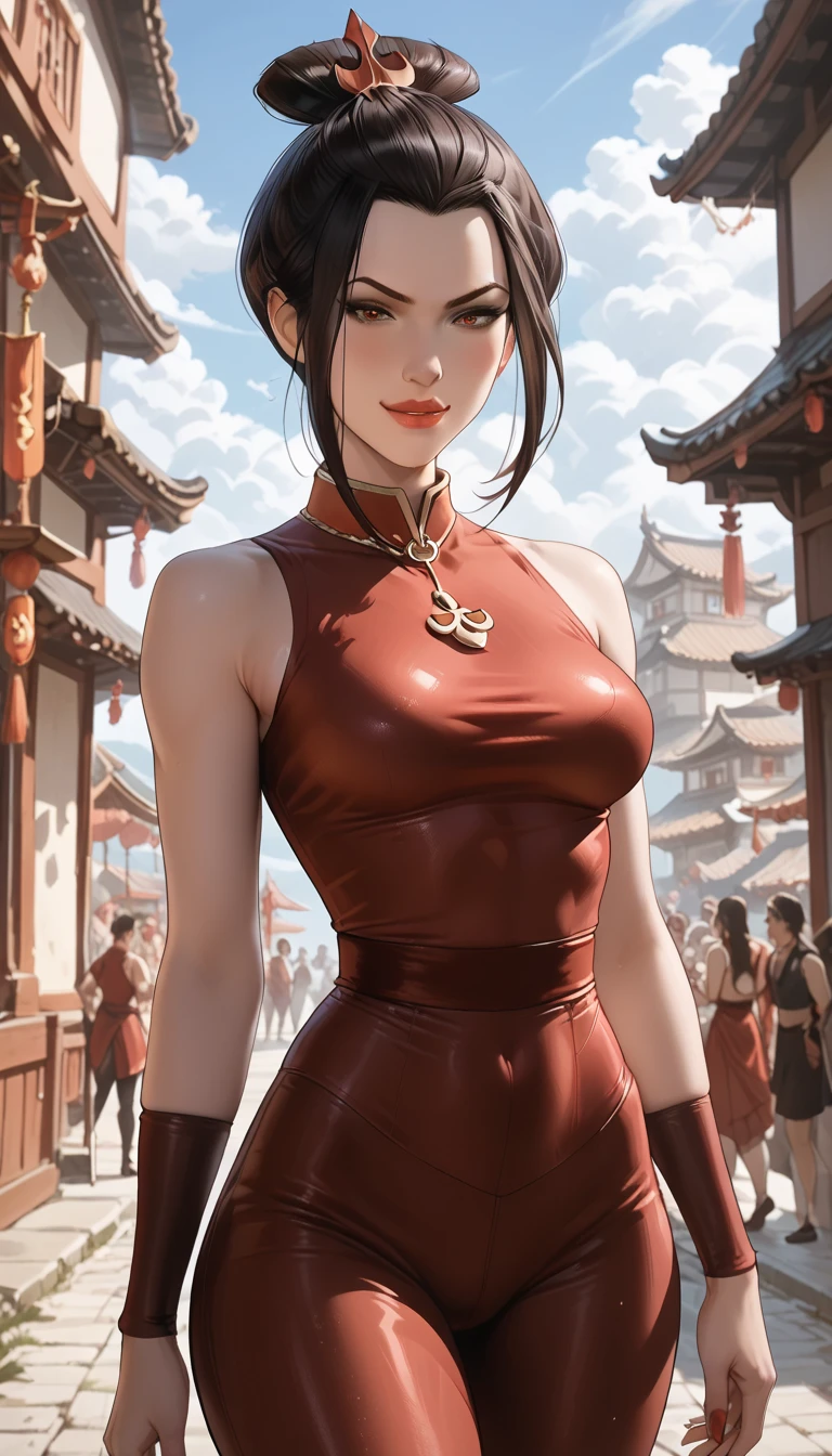 attractive chinese woman, ripped muscle, muscular body, barechested(small breast), tan skin, smile(blush), closed mouth, red dress, thin diamond pendant, sixpack abs, [ultra detailed skin:1.2], brown hair, long messy hair, 8k uhd, full body, stand, crowd, public, night,