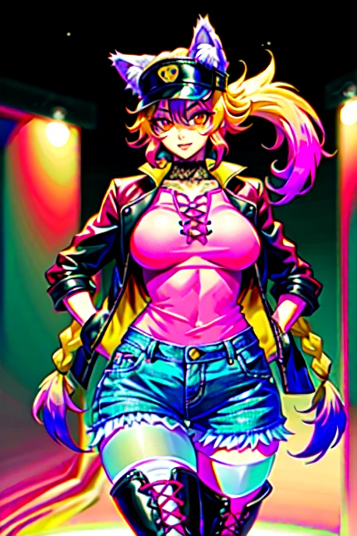 ((masterpiece, best quality, detailed)), (best quality, masterpiece:1.4), 8k, highres, highly detailed, intricate detail, dim lighting, ambient lighting, Exquisite details and textures, realistic illustration, (1girl), 90's atmosphere, (bleach style), ( Harley Quinn relaxing in a bar ( blue eyes, blonde hair, bangs, twintails, blue hair, multicolored hair, choker, gradient hair, makeup, piercing, pink hair, lips, lipstick, red lips, thighhighs, navel, cleavage, jewelry, jacket, open clothes, shorts, midriff, black thighhighs, collar, bracelet, open jacket, black jacket, crop top, short shorts, chain, spikes, cropped jacket, spiked bracelet, spiked collar, multicolored jacket, revealing clothes)), bar at night, Highly detailed bar background, Traditional Media, hands behind back,