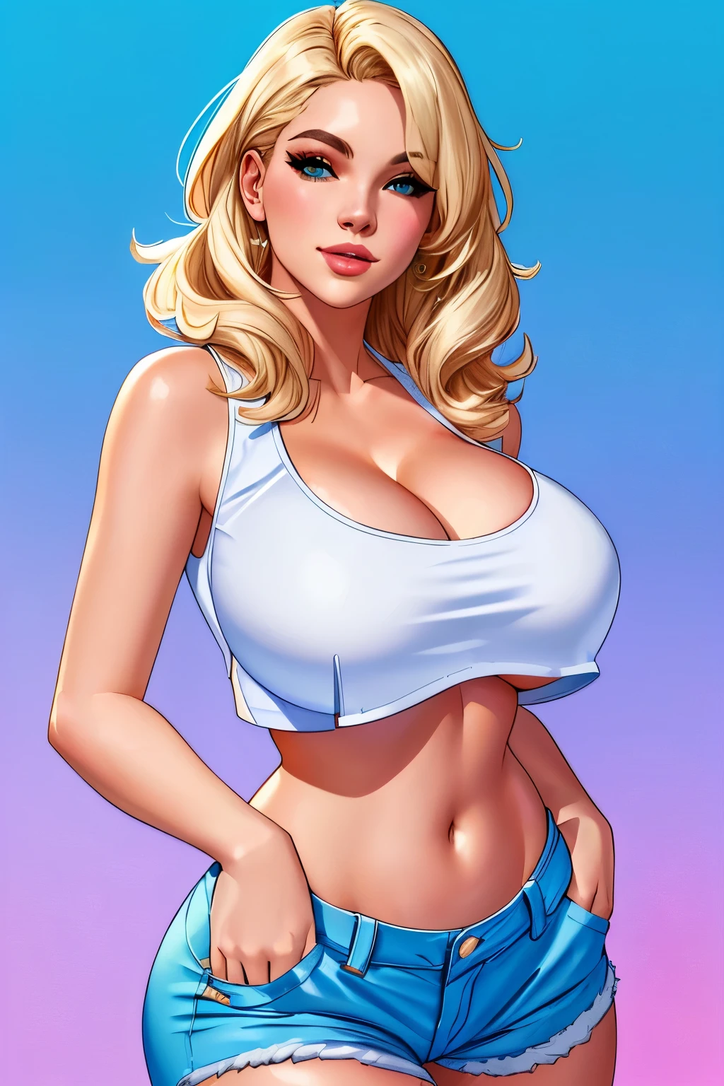 score_9, score_8_up, score_7_up, score_6_up, score_5_up, score_4_up, comic art illustration, BREAK; blonde 22 yo hottie, large breasts, cropped tanktop; posing in a powerful stance; miami background; intricate details, detailed eyes, rating_adult