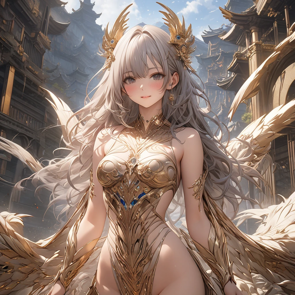 (masterpiece, best)), (1girl), (mature woman), Gold hair, open-chest seduction, flared, ( kemonomimi Angel with big wings lady), bangs, medium breasts, (full), slim, smile, [wide hips], standing, 8K picture quality, sexy seduction, (open-chest) (Sharp focus: 1.5), (sharp focus:1.2), (beautiful face:1.1), (eye makeup:1.2), (tight body:1.2), (flowery dress:1.2) (the beach:1.2). (morning sun lighting:1.2), ((Masterpiece)), (highest quality))), (Character design sheet, national costume, same character, front, side, back), (simple background, white background: 1.3) ( Masterpiece:1.2), (Best Quality:1.3) (best quality:1.1) realistic:1.37 long, flowing:1.1 luscious, plump:1.1 sparkling sequins:1.1 subtle, White Gold:0.9 soft, warm:1.1 best quality,4k,8k,highres,masterpiece:1.2, realistic,photorealistic,photo-realistic:1.37, ultra-detailed:1.1 busty animal ears, beautiful, detailed ears:1.1 best quality, 4k, highres, masterpiece:1.2 detailed, piercing eyes:1.1 4k, 8k, highres, masterpiece:1.2 very three-dimensional: 1.2 (8k, best quality, masterpiece:1.2 ((masterpiece, best))
