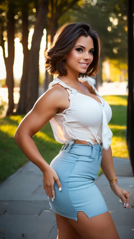 (Muscular:1.6), (large round breasts:1.4), (large muscular chest and shoulders:1.1), FEMALE, brown hair, long brown hair, (big smile:1.6), (wearing a polo shirt and skirt:1.5), looking at viewer, (three quarter view:1.2), upper body view, (sitting on park bench1.5), dark lighting, detailed skin, detailed eyes, (clean skin:1.5), (very thin waist:1.7), (huge body muscles:1.5), (one protagonist:1.5), (tall:1.5),