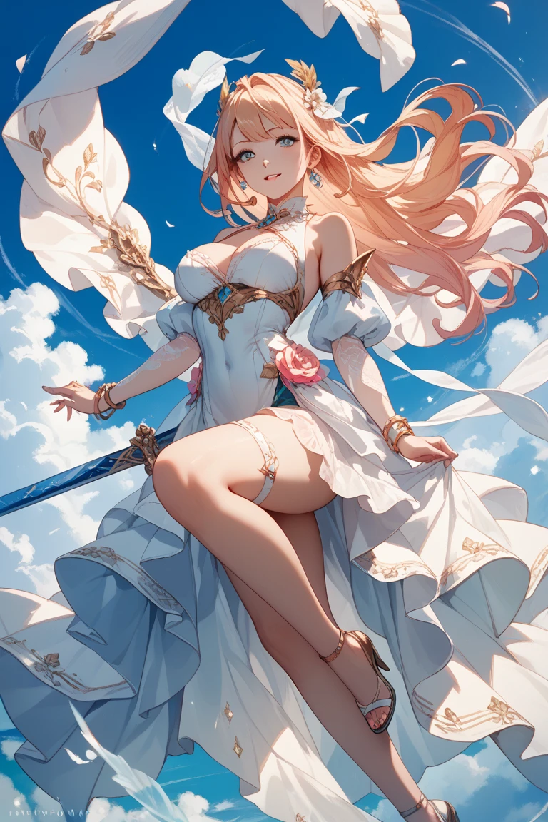 4k,High resolution,One Woman,White red hair,long hair,Braid,Blue Eyes,Big Breasts,Athena,White Holy Dress,White Holy Glove,White Holy Boots,Winged headgear,Jewelry decoration,Gold decoration,Holy Sword,Temple in the Sky