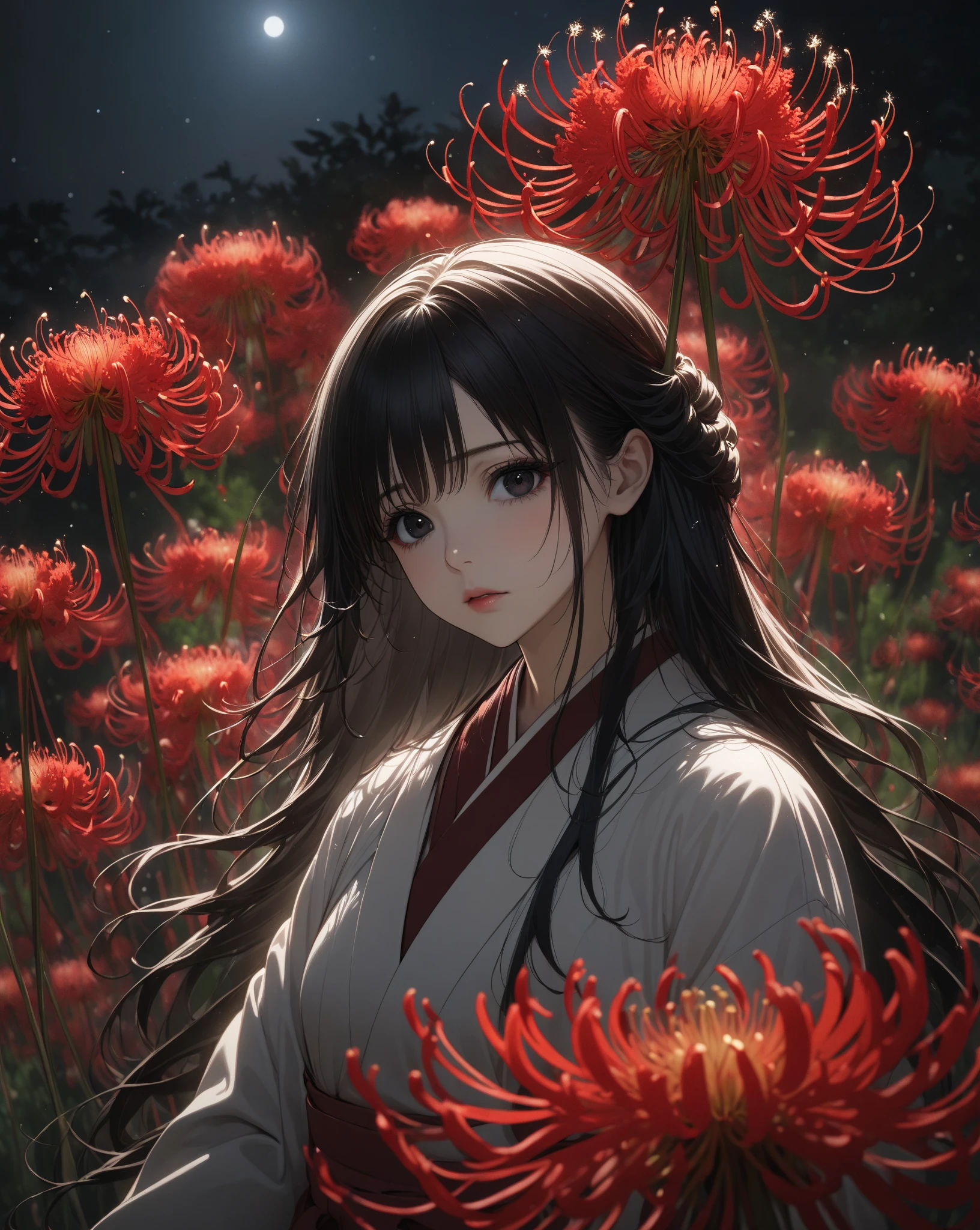 Manjusaka、solo、plain white coat、plain red hakama、 black eyes、black hair、long hair、upper body、anatomically accurate and perfect、Spider Lily、Night Sky、sparkle、Best Quality、masterpiece:1.2、8k、isometric illustration 、Red Spider Lily