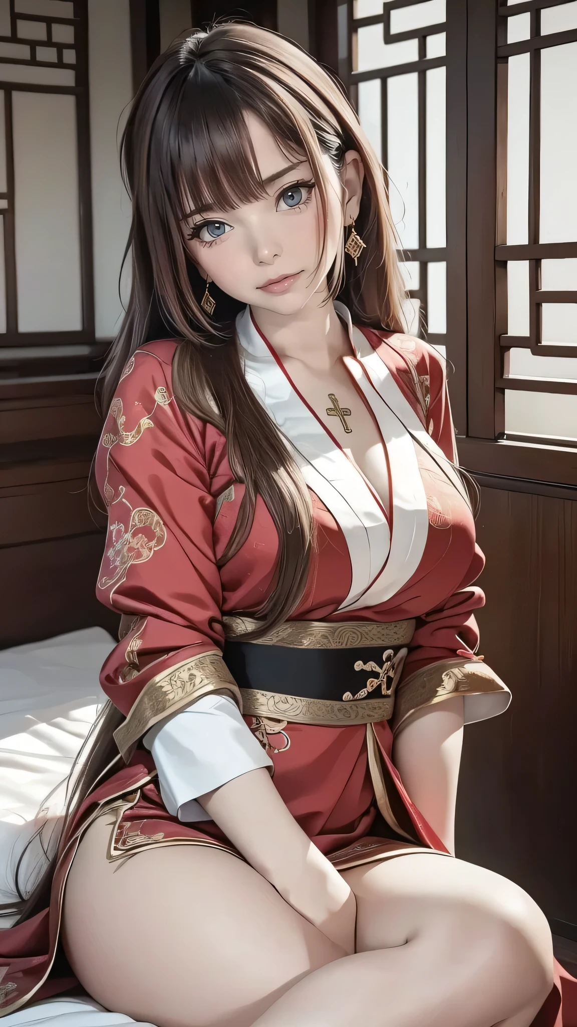 A woman sitting cross-legged on a bed, leaning back on her hands, head tilted to the side., highly detail, cinematic lighting, 1girl, solo, brown hair, long hair, chinese clothes, east asian architecture, hair ornament, looking at viewer,
