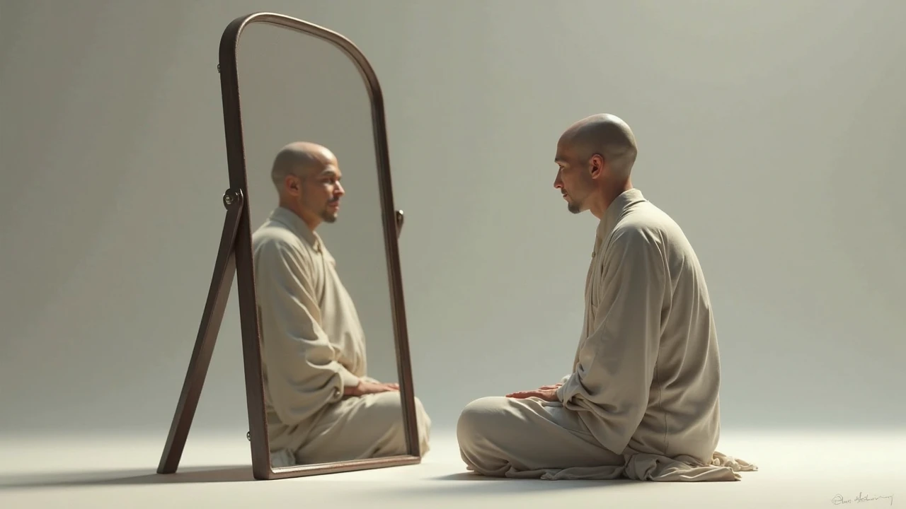 Man doing yoga in front of a mirror with his own hand