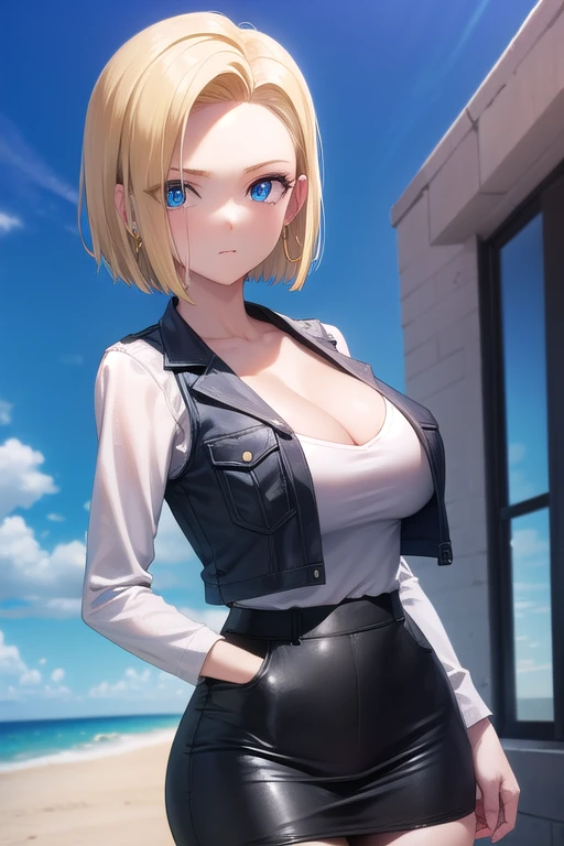 best qualityer, high resolution, e18, 1 girl, android 18, standing alone, hair blonde, blue colored eyes, shorth hair, aretes, jewerly, Jeans dress, open vest, black pantyhose, black jersey, denim skirt, striped long sleeves, blue skirt, medium breasts, cowboy shot, Street, (Externally expanded chest:1.2), (strapless:1.2), Off The Shoulder,