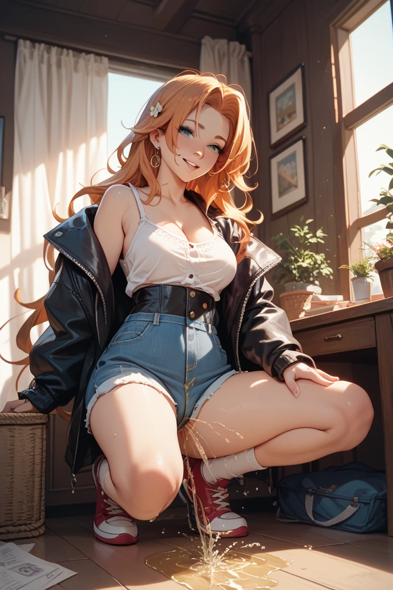 (bestquality,masterpiece) ,NamiOP, jewelry, smile, cleavage, earrings, bracelet, navel, short pants, jeans, :d, groin, holding, sitting, blue_pants, blurry_background, solo_focus, blurry, ((jacket)), eyes open, ((open eyes)), look at viewer, face at viewer, orange hair, g-string
