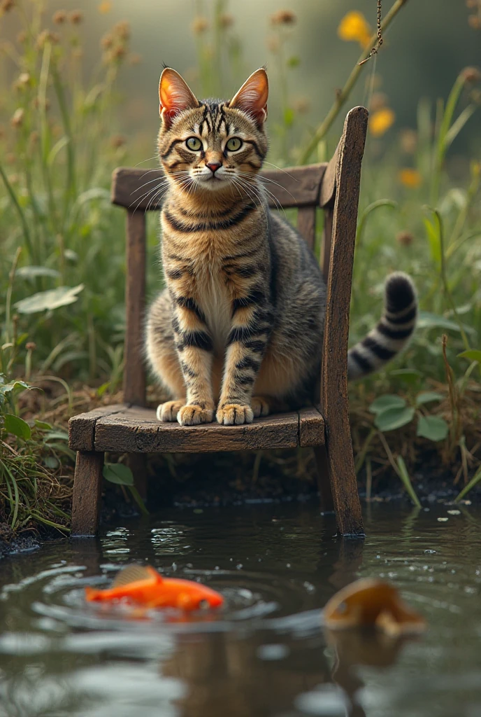 The cat sits on a chair and catches fish with a hook in the water ...