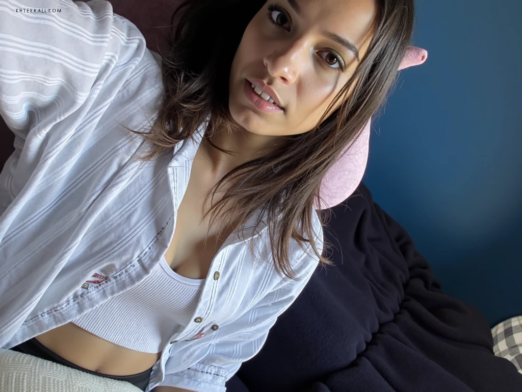Indigenous 18 years old girl, wearing sensual pijamas, smiling, full body, sitting on a chair sitting with legs open, photo taken from the side, selfie