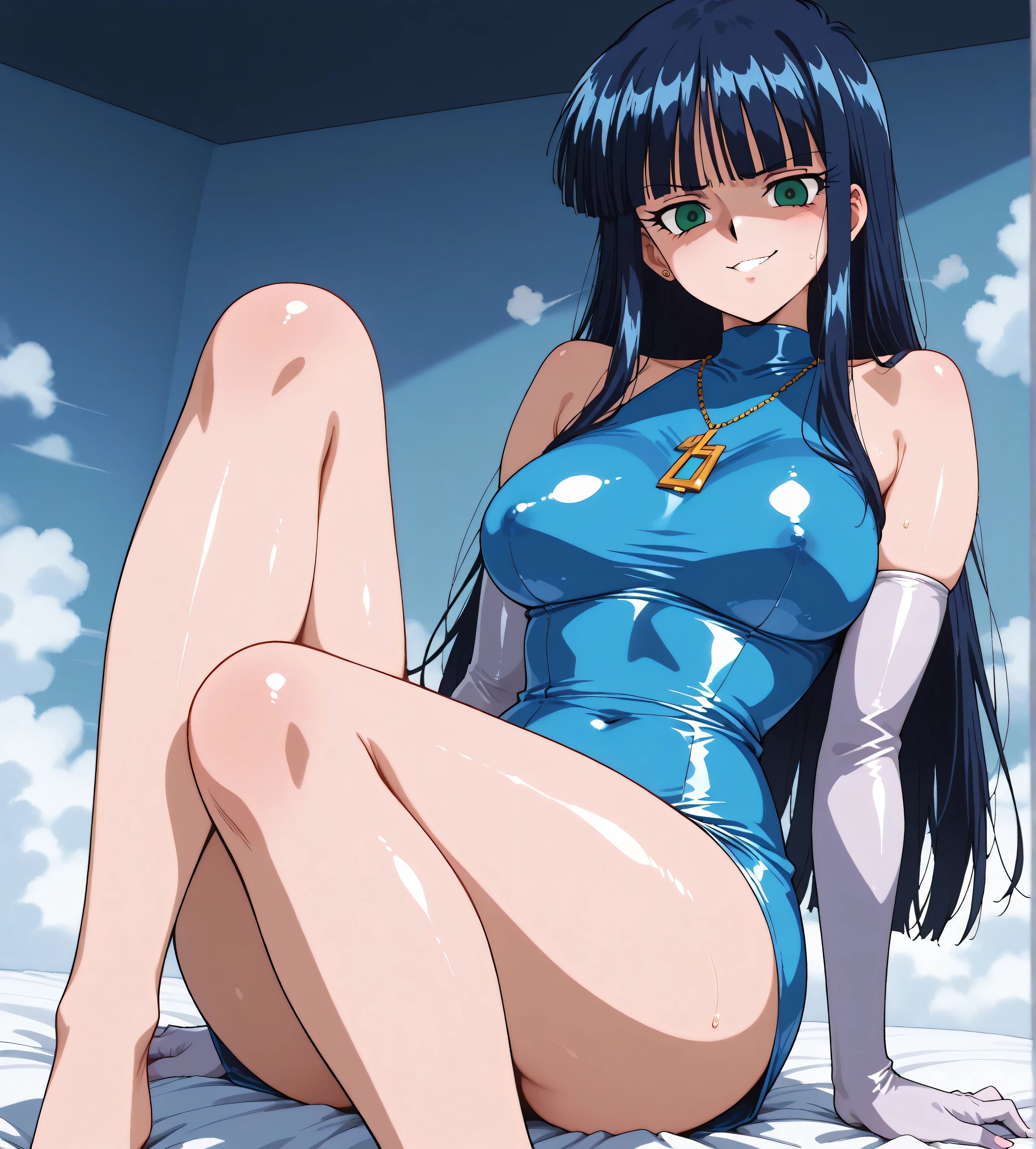 score_9,score_8_up,score_7_up,masterpiece,best quality,very aesthetic,absurdres,official art,official style,
Misumaru Yurika,1girl,solo,retro artstyle,blue hair,long hair,blue eyes,huge breasts,toned hips,cameltoe,full lips,sexy girl,1990s \(style\), wide hips, slim body, black sling bikini, dog collar, (heavy breasts:1.6) motion lines, bouncing breast:0.8, sunny beach, sand and waves, waving, nervous smile,blush,sweaty,wet,shiny body