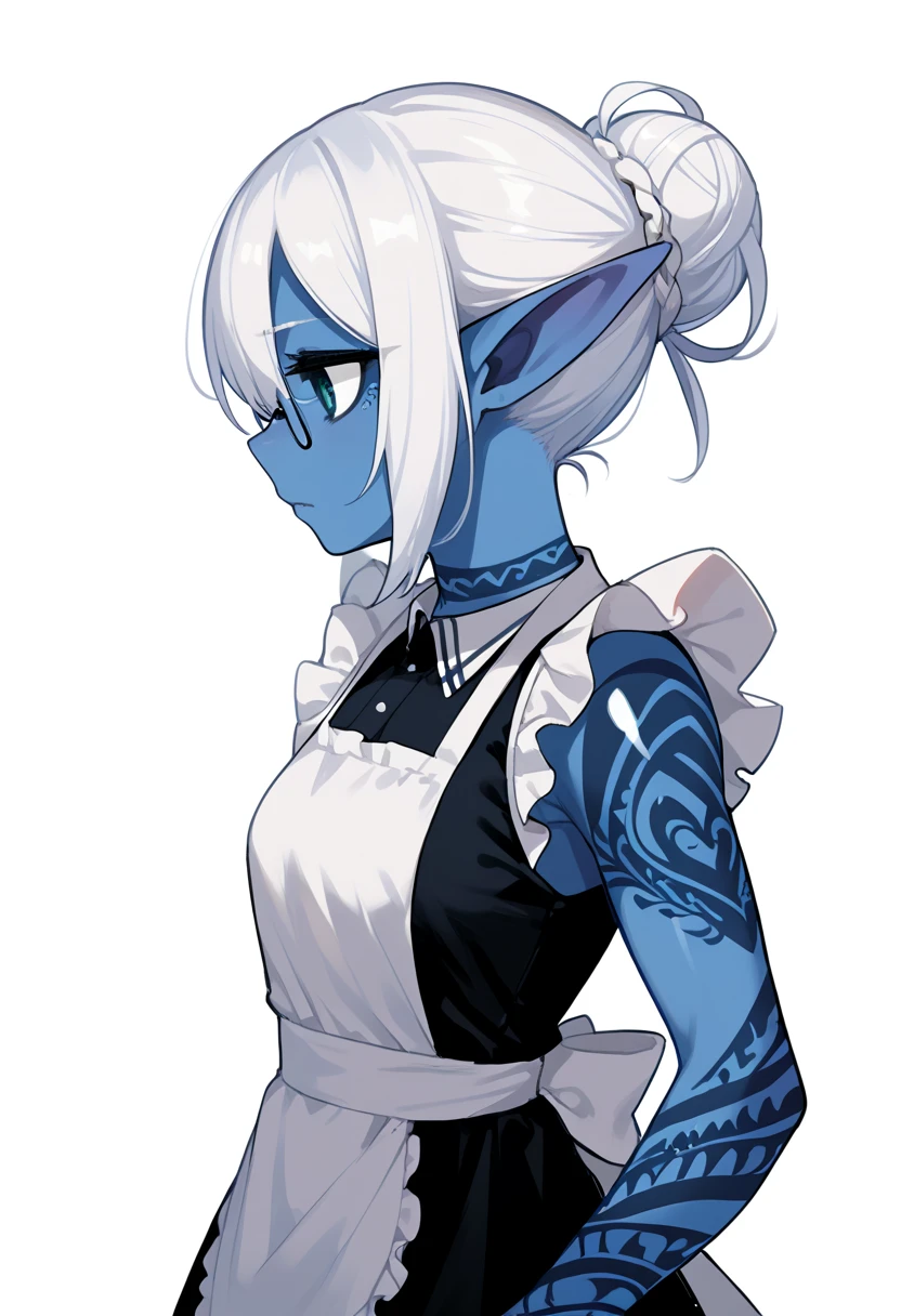 score_9,score_8_up,score_7_up,score_6_up,score_5_up,score_4_up, white background, maid, stern, long pointed ears, profile, looking left, square glasses, (((blue skin))), white hair, hair bun, black dress, apron, hands at sides, (((tattoos under eyes)))