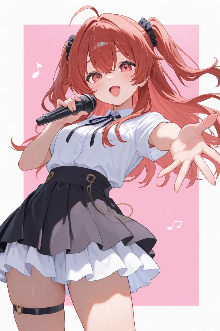 (masterpiece, top quality, best quality, official art, beautiful and aesthetic:1.2),ultra-detailed,intricate details,amazing illustration,award-winning art,atmospheric,
BREAK, 1 beautiful girl, (Beauty:1.5),(Chibi:0.5),(kawaii:2.0),(Cool:2.0),((17 year old girl),(Solo:1.65),BREAK, (huge-breasted:1.2,), Clear skin, Beautiful skin, Shy, 1 beautiful woman,Demons,Colossal tits(The hair 弓, Red hair, Long hair, 反転したThe hair, 乱雑なThe hair,Wings of an angel on the back, Demon King's horn on the head:1.2), (Red Eyes, long eyelashes, Double eyelids: 1.2), Shiny skin,de pele branca,dial,(最高品質のfaces),(最高品質の輝くThe eye),(ドヤfaces,勇敢なfaces:1.45), (最高の笑faces,:D:1.45),
BREAK,arms below breasts,
BREAK, necktie, leather jacket, plaid skirt, belt, boots, black legwear,
BREAK
singing, shouting, microphone, (holding microphone stand:1.2), (leaning forward:0.7), serious,
BREAK
spotlight, stage lights,
BREAK,wakame,wakame,wakame,(Cowboy Shot:1.4),
BREAK,(Blurry background:1.3),(absurderes, hight resolution, Super Detail Art),cel shading,Clear Color, Lonely optical effect, Beautiful pictures, Bright glow, mystic atmosphere,(Close-up of girl:1.1), Mystical light particle effect,manga influence, clean line drawings,
