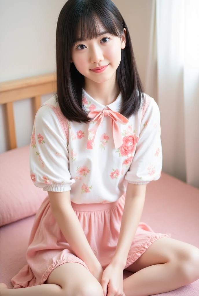 ((8k)),((Japanese)),(10 years old:1.6),(Innocent and innocent face:1.5),(highly detailed face),(eyes are calm),((Straight Bang)),girl,cute,summer clothes,everyday wear,short sleeve,pink shirt,random skirt,on the sofa in the living room,sitting,semi-long black hair,Decolletage