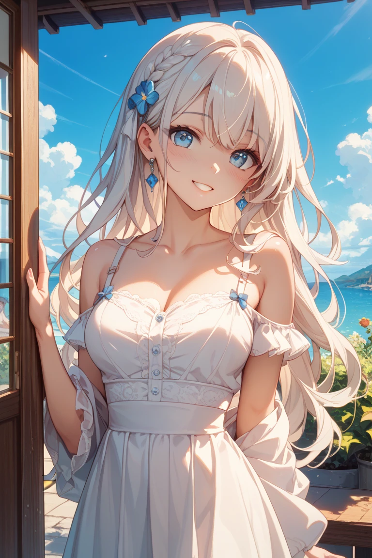very cute girl、(18-year-old)、light yellow hair、Long Straight Hair、Bangs are too close to the eye、Light Blue Eye、eye shadow、red lipstick、adult atmosphere、(Normal human ear)、thin arms、Beautiful body、slim legs、large, well-shaped breasts,、clear white skin、smile、(Open-chested tank top、mini skirt、White and blue)、I know the shape of the nipples、(rose garden)、Super high quality、digital single lens reflex、