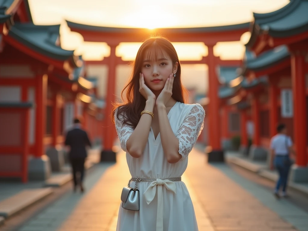 arafed woman in a white dress and pink jacket standing in a parking lot, with sunset, at a beautiful sunset, with a sunset, golden hour in beijing, at the sunset, in the sunset, at golden hour, during sunset, sunset!!!, sunset in background, during a sunset, at sunset, sunset in the background, at sunrise