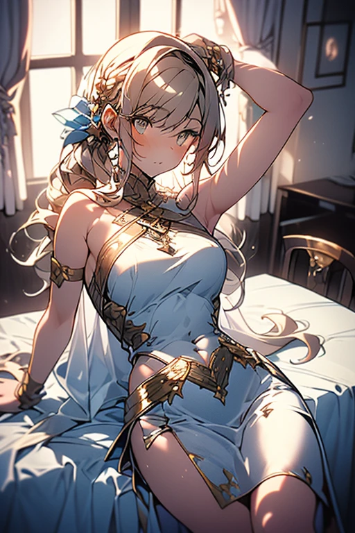 (crawling on fours:1.5) o(close up) (full body pose) (adult woman:1.2) (nude:1.1) (topless:1.1) (elaborate beautiful dress:1.5) (from above) (golden halo) golden chain choker, night, dark cozy bedroom, mood lighting, on bed, Absurd, Perfect Anatomy, Good lighting, Shadows in the movies, large breasts, very large butt, thin waist, Long HAIR, blonde HAIR, (loving look:1.4), original HAIR style, Dynamic Angle, (detailed face:1.3) (dynamic lighting:1.2), (gold leaf bracers on arms) (gold leaf hair piece) (elaborate golden necklace) (gold roses on bed) (golden eyes)