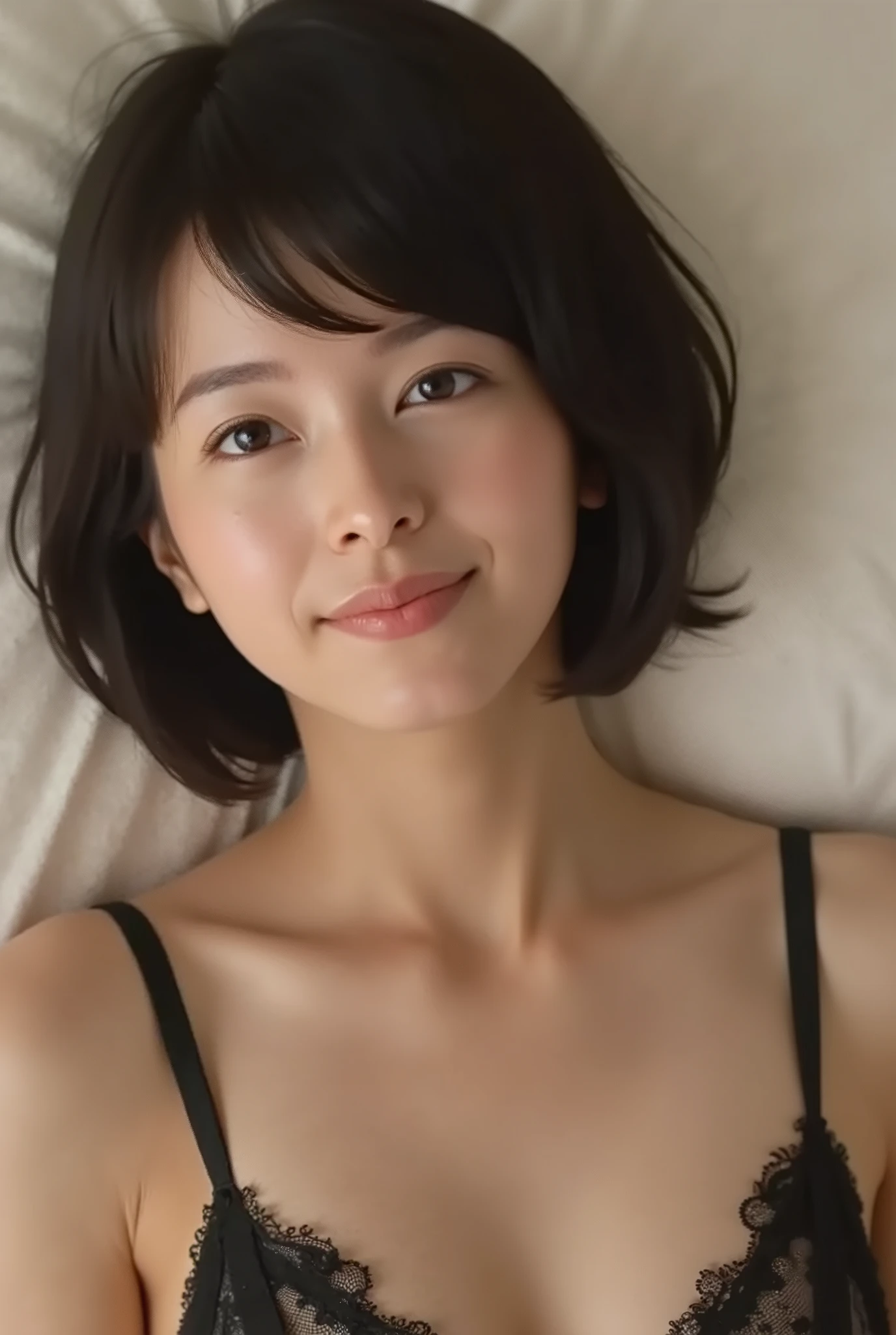 (( Best Quality )), ((masterpiece)), ( details), Japanese woman, first person view , the woman is sleeping on her back , sexy,( in the bedroom),((( abnormally large breasts , dark colored underwear, short bob hair))), black hair , (( without makeup, small eyes))