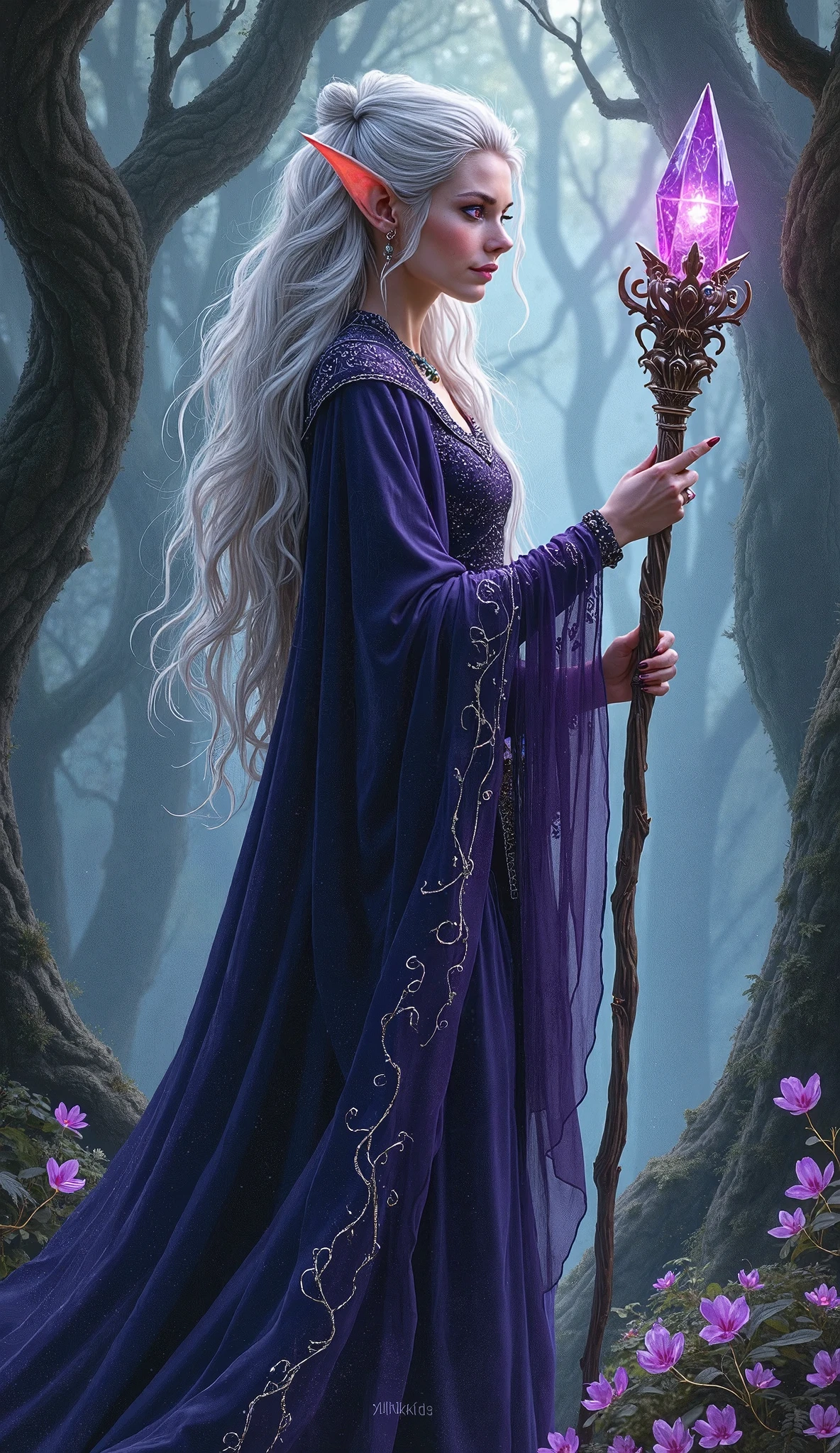 Make one with black skin and freckles that look like stars, she has white hair and bangs, she is in the forest, she is wearing a purple witch outfit , she is holding the sorting hat, high resolution,breastsout,