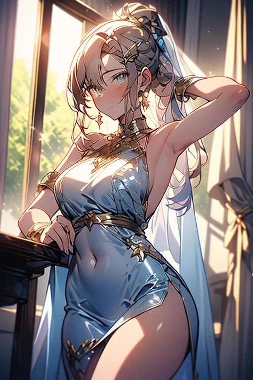(A masterpiece of image quality in 8K),(Beautiful Allafed Woman),(((emphasizing breasts:1.1))),(Dynamic angles),(Dynamic and sexy bending pose:1.3),(sit a chair:1.1),(Short hair in shiny silver and orange inner colors,small full breasts,Disturbance of clothing due to movement,breast slip,(Ponytail twisted buns adorned with elaborate braids and beads,Braided Setup Fishbone Hair,),(see-through bangs),(perky chest:1.1), (pointed chest:1.3), small breasts、(((A white lace apron that shows your bare skin from under your small breasts)))、Blush with embarrassment、Enraptured eyes、A smile that beguiles the viewer、(Look back:1.7)、Look into the photographer,skin glistening with sweat,gazing at viewer,,(Professional Lighting),(8K,masutepiece,top-quality,Ultra-high resolution output image,),(Ultra HD with complex detail image modes),depth of fields,Beautiful hands,Beautiful fingers,Detailed finger features,(Detailed hair features:1.7),detailed facial features,detailed clothes features, (perky chest:1.1), (pointed chest:1.3),