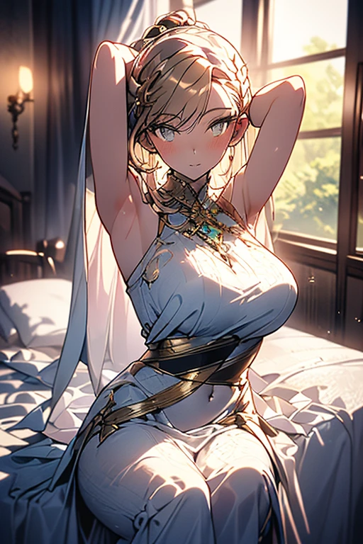 Violet Evergarden, 1 girl, solitary, examining a viewer, blue eyes, blonde hair, Greek attire, spectacular starry sky, naked, gazing at the audience, large breasts, flying in the starry sky. (best quality, 4K, 8K, highres, masterpiece:1.2), ultra-detailed, (realistic, photorealistic, photo-realistic:1.37), HDR, uhd, studio lighting, ultra-fine painting, sharp focus, physically-based rendering, extreme detail description, professional, vivid colors, bokeh, portraits, purple color tone, ethereal lighting,(((Extremely charming huge breasts:2.0))),(((Lying in bed))),(((Bejeweled Grecian dress))),((((Close your eyes)))),(((Open your mouth shyly and scream))),(((Draw only the upper body area)))