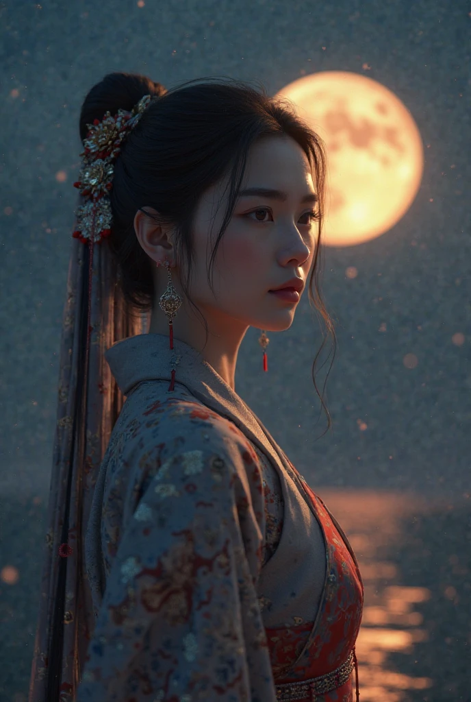 cinematic film still The enigmatic scene is bathed in a moonlit glow at night, A Chinese female assassin stands poised on a rooftop, wearing a form-fitting, midnight-black attire adorning her then toned frame with intricate crimson embroidery that shimmers when caught by the moon's soft glow, her detailed sharp eyes exude both determination and tranquility, her gloved hands, she holds a pair of slender curved daggers, bold colors and high contrast add to the dramatic effect of the scene, . shallow depth of field, vignette, highly detailed, high budget, bokeh, cinemascope, moody, epic, gorgeous, film grain, grainy,