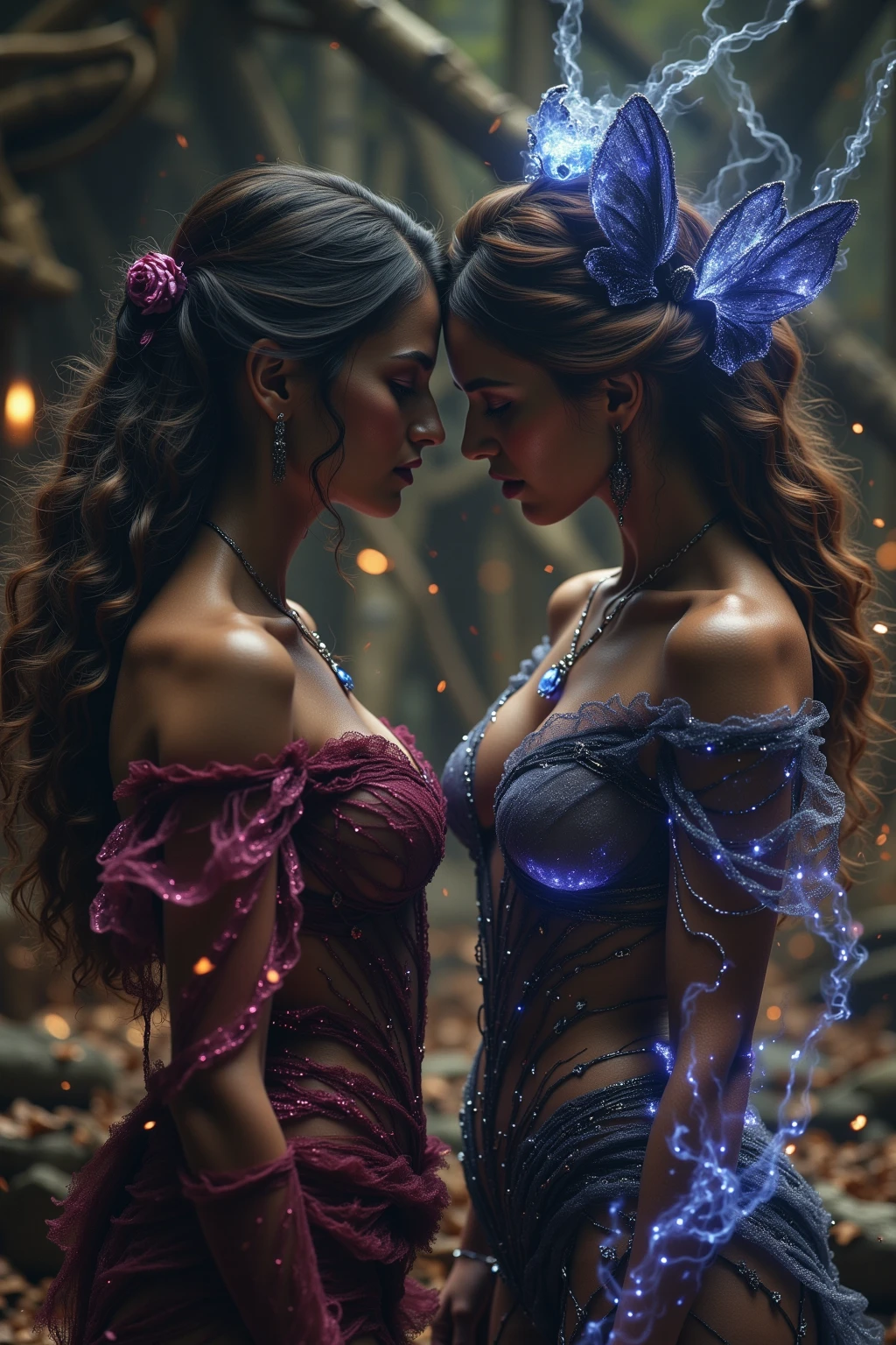 (masterpiece, best quality:1.5), highest quality, High resolution, super detailed, Realists, Upper body photo of a red-haired sorceress, detailed and beautiful eyes, beautiful detailed lips, very detailed eyes and face, longeyelashes, shiny satin dress, Holding a wand in your hand and performing a transformation spell, Magic wands present and shiny, Beautiful and colorful makeup, elegant and noble々The jewelry bag, Gardens as background, soft daylight, bright colors, fine brushstrokes, Portrait style, Silk dress fabric, beautiful color palette, glowing skin, First-class rendering, that captures every detail, enchanting atmosphere, subtle shadows and lights, (perfect anatomy:1.2), (The two stunning sorceresses transform wasps into butterflies (a transformation with the magic wand:1.4), (magnificent panorama view:1.2)