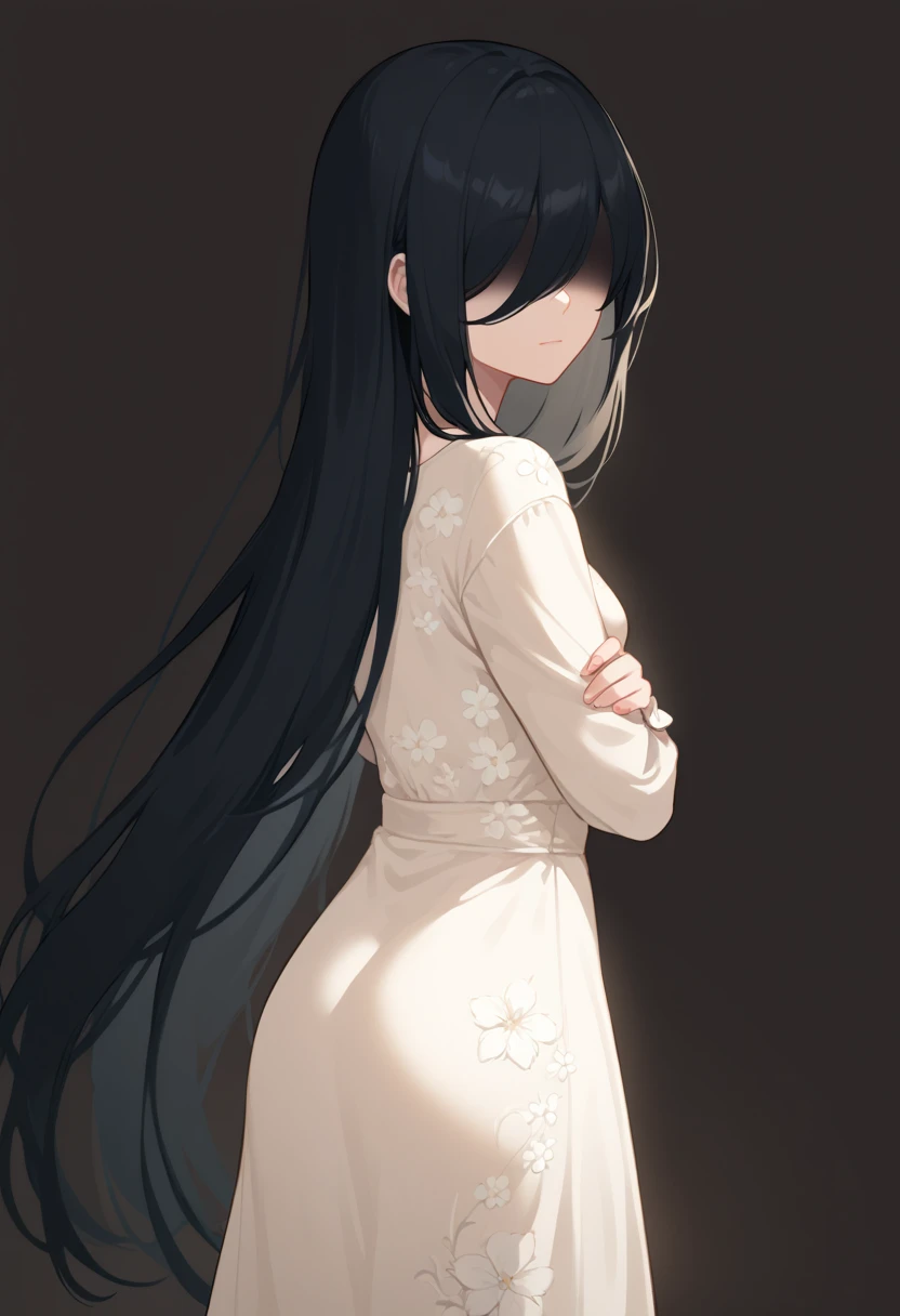 score_9,score_8_up,score_7_up,score_6_up,score_5_up,score_4_up, solo, blank background, noble women, simple dress, dress with floral pattern, long hair, black hair, fair skin, turned away, looking back, arms crossed, (((face hidden by shadow))), hidden eyes