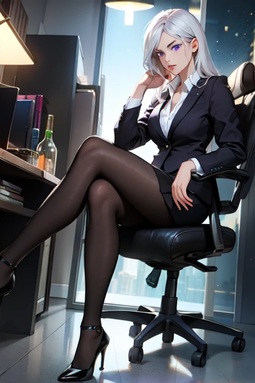 Woman wearing business outfit, formal blazer, white blouse, heels, black high waist business skirt, beautiful, masterpiece, best quality, extremely detailed face, perfect lighting, nice hands, perfect hands, (white hair:1.2), long hair, (grey eyes:1.2), slender build, long legs, thin, medium breasts, business woman, ceo, sitting in luxurious black leather office chair, glass wall with view of nighttime city skyline in background