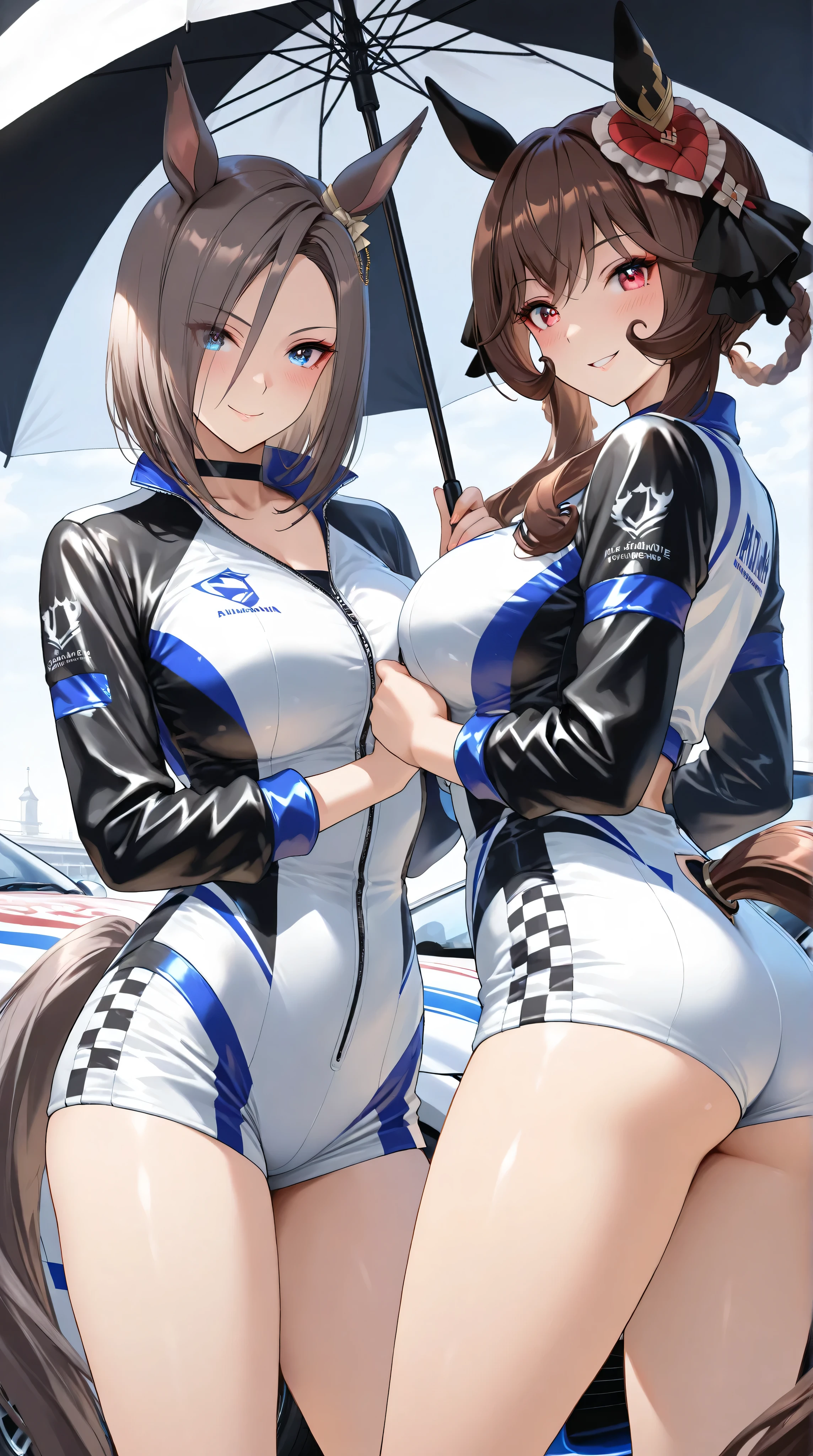 (masterpiece:1.2, highest quality), (Realistic, photoRealistic:1.4), Beautiful illustrations, (Natural Side Lighting, Cinema Lighting), avert your eyes, (Cowboy Shot), ((2 girls), (Lacus Clyne&Mariuramias)),Grid Girls, 40 years old, (((Mature Woman))), (Beautiful anime faces), Japanese, Perfect Face, Perfect Anatomy, Symmetrical cute face, Shiny skin, Blunt bangs, (Intense glowing purple eyes:1.3), Beautiful Hair, Beautiful Face, Beautiful clavicle, Beautiful body, Beautiful breasts, Beautiful thighs, Beautiful legs, Beautiful fingers, (Perfect Face, Perfect Anatomy), (Two legs, Five Fingers), ((Grid Girls, Racing Suits, Race Queen Costume:1.3. White, pink and purple high leg leotard with sponsor logo:1.3, Shiny arm covers:1.3, Shiny knee-high boots:1.3)), (Beautiful views), Written boundary depth,((Tall Woman), (Slim figure), (small breasts directed upwards)), (Randomly change obscene poses:1.3), ((A small remote vibrator is attached to her pussy:1.1), (Intense orgasm:1.1), (Embrace、Love Each Other:1.1)),